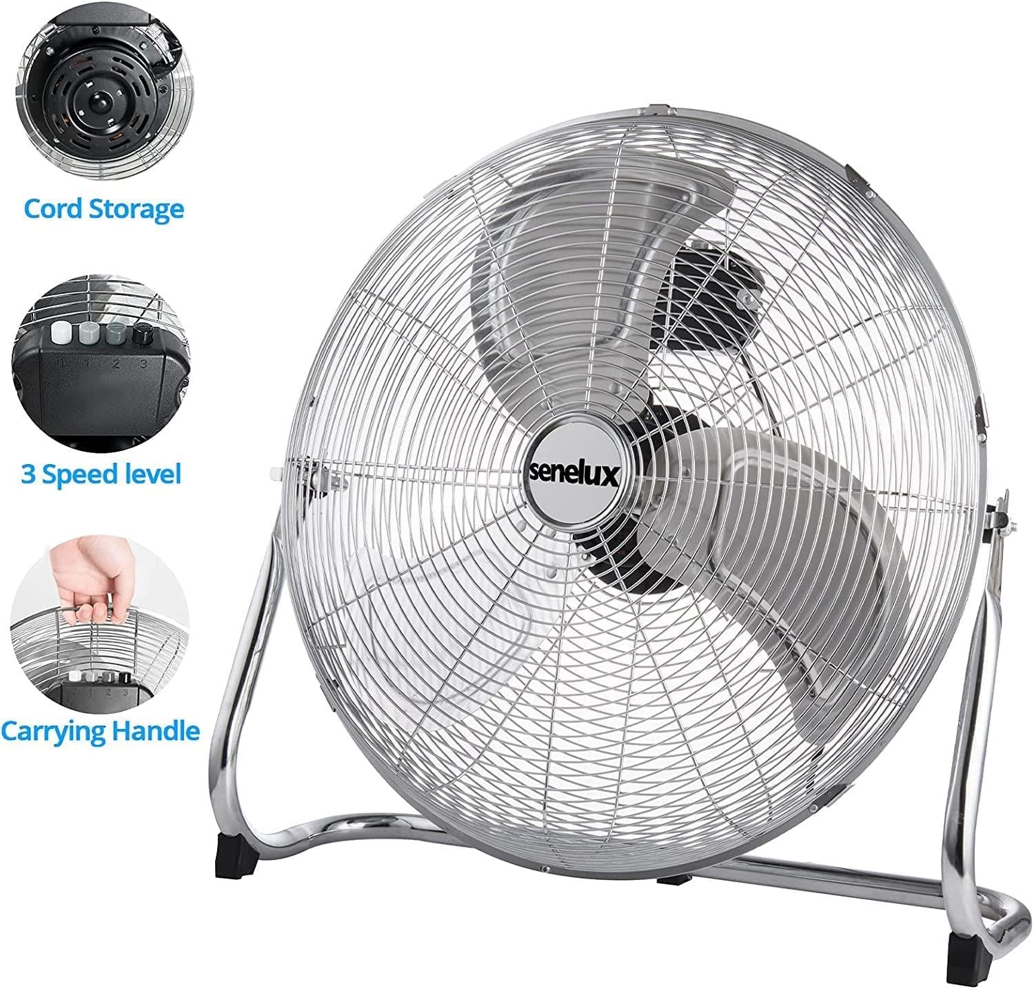 An image that shows the Chrome Floor Fan and three side pictures showing a carrying handle, controllable speeds and cord storage