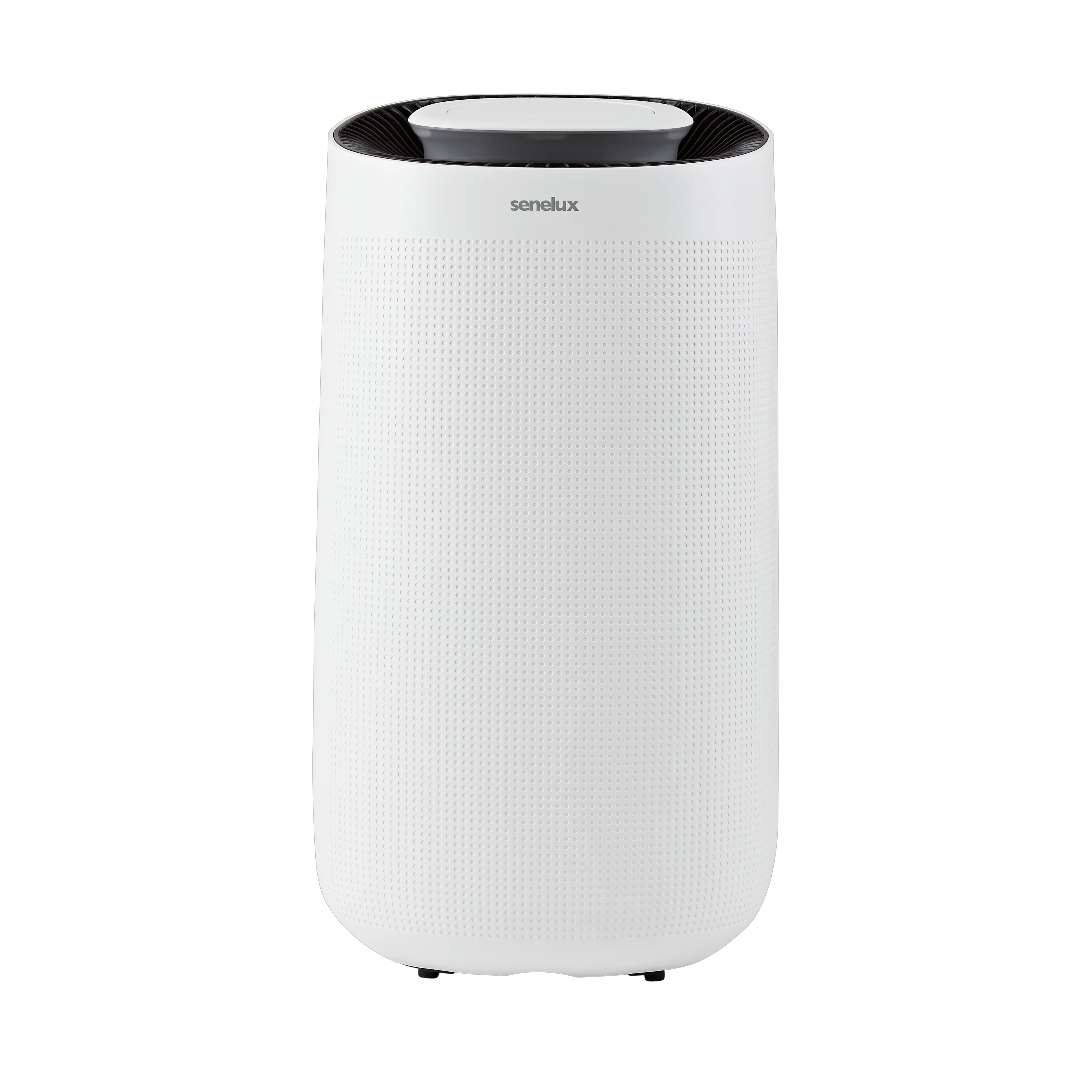 An image of an all-white Senelux 12 litre per day dehumidifier with portable wheels on the bottom.
