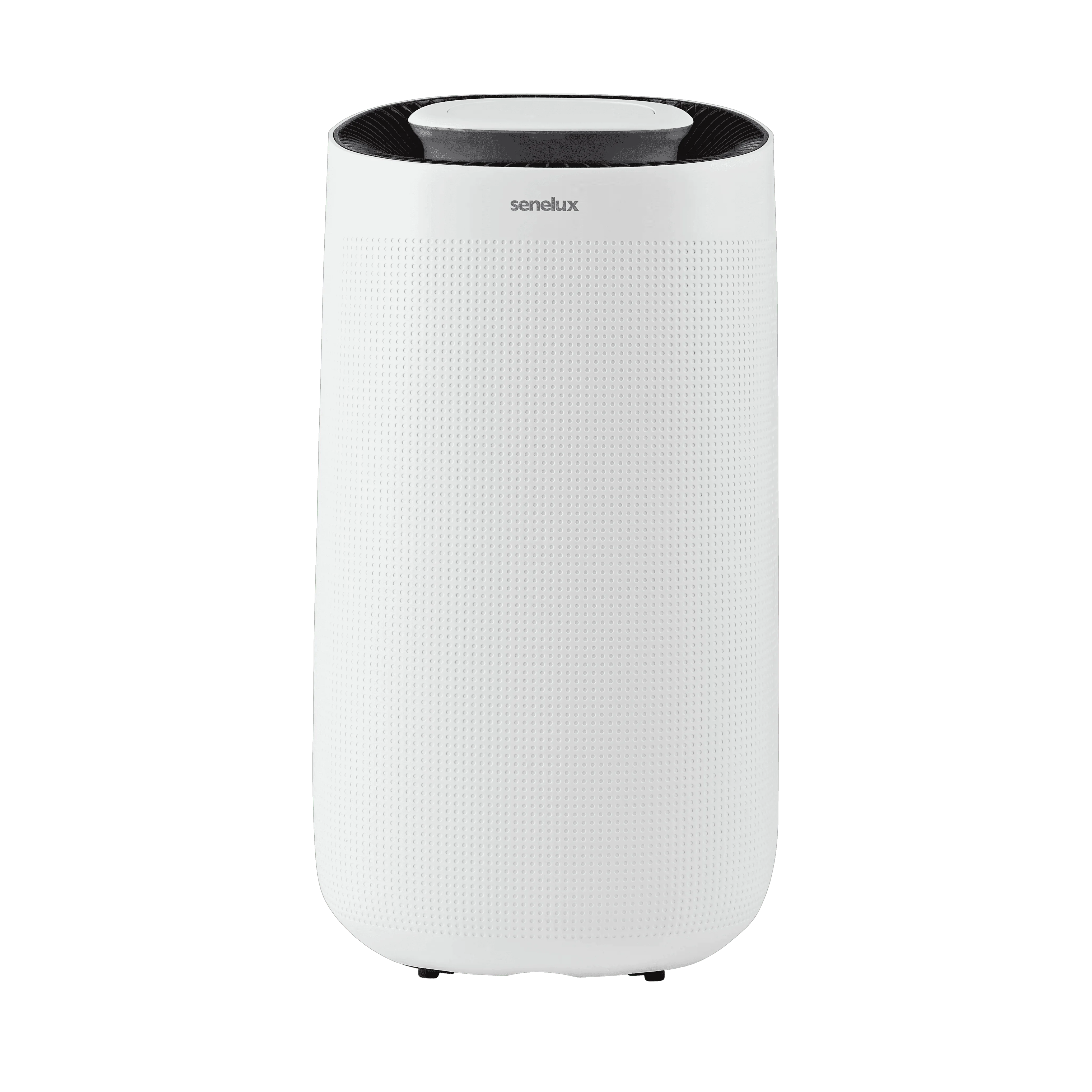 White air purifier with black top on a white background