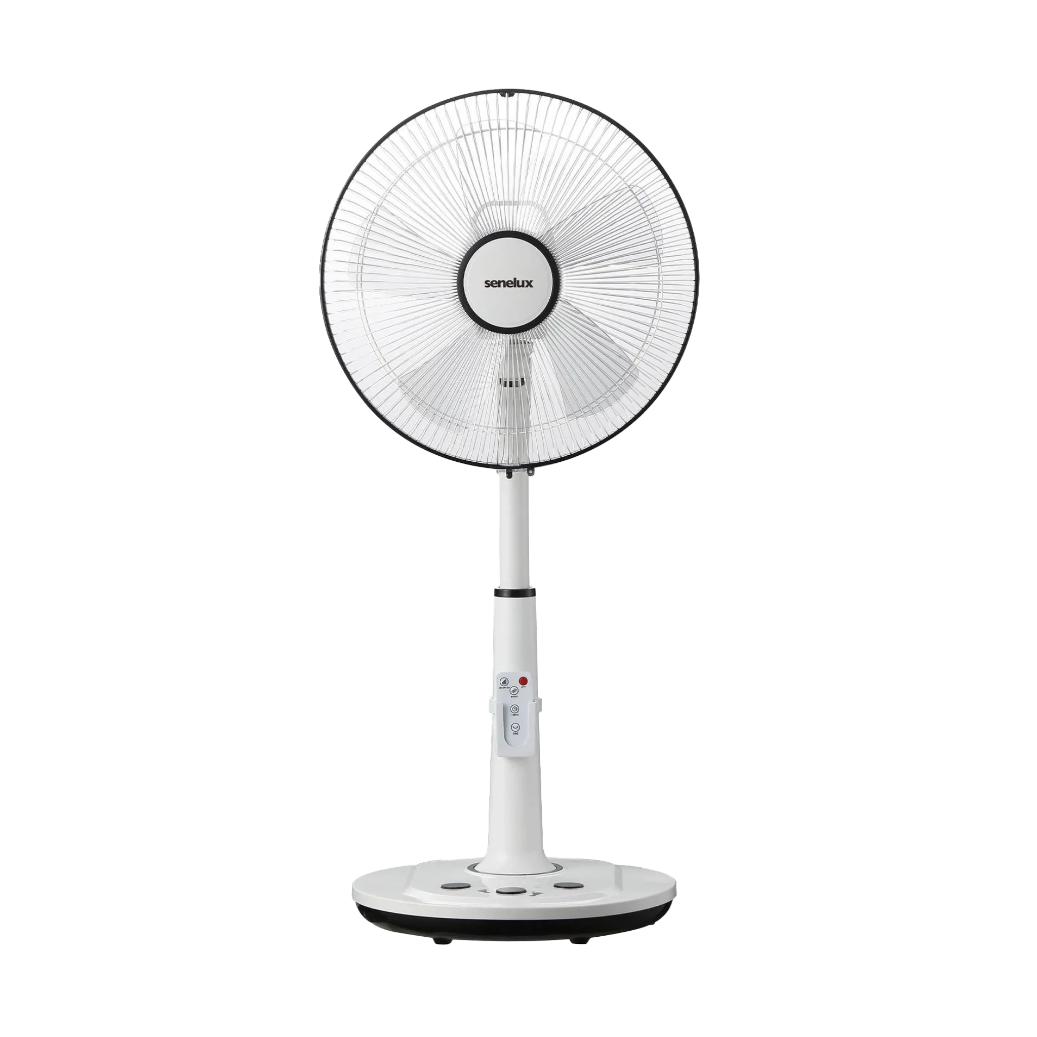 A picture of a white, tall Senelux 14 inch pedestal fan with telescopic neck and adjustable fan head for air flow.
