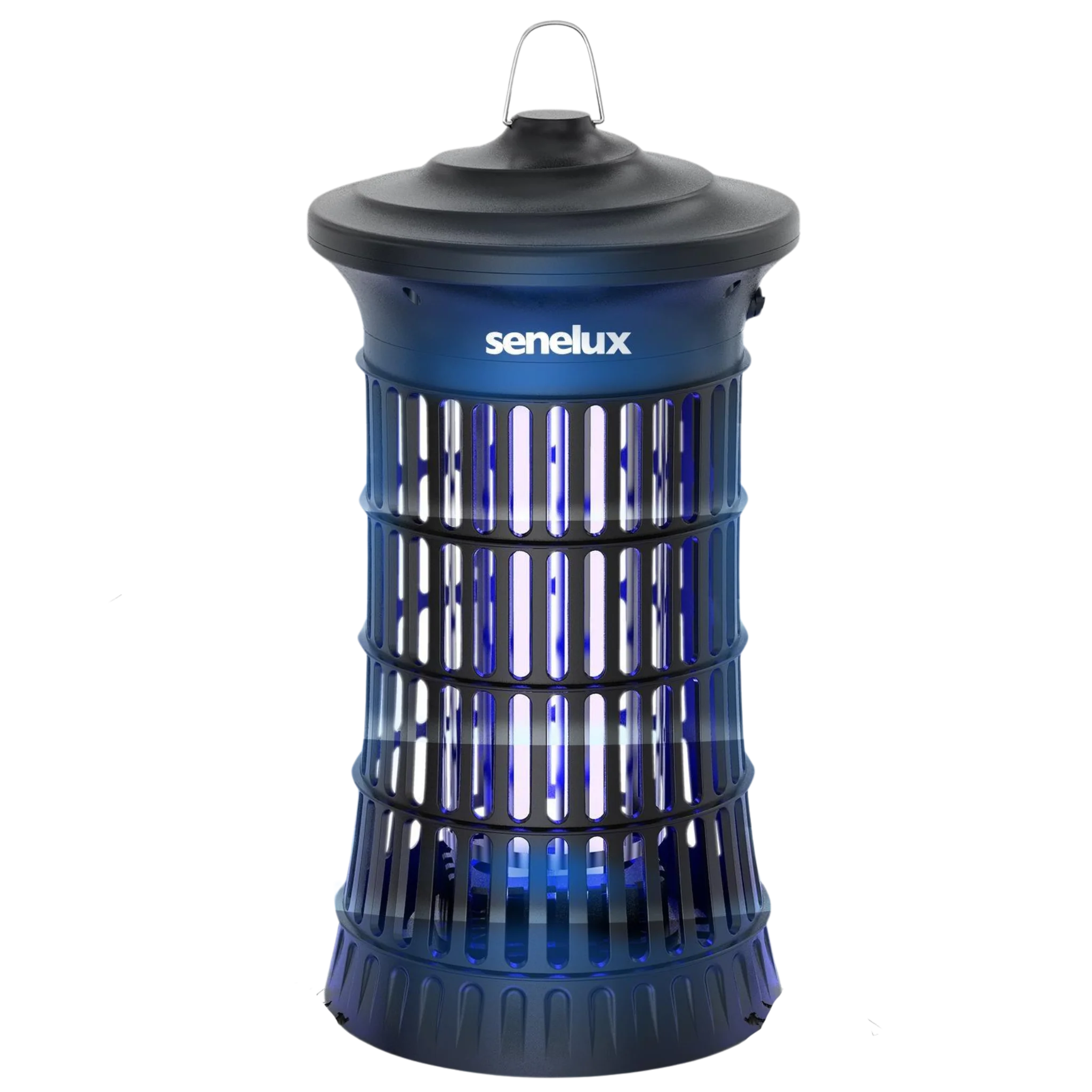 The Senelux 4500v Bug Zapper Lamp glowing with a purple light with the zap rod safely blocked behind a cage