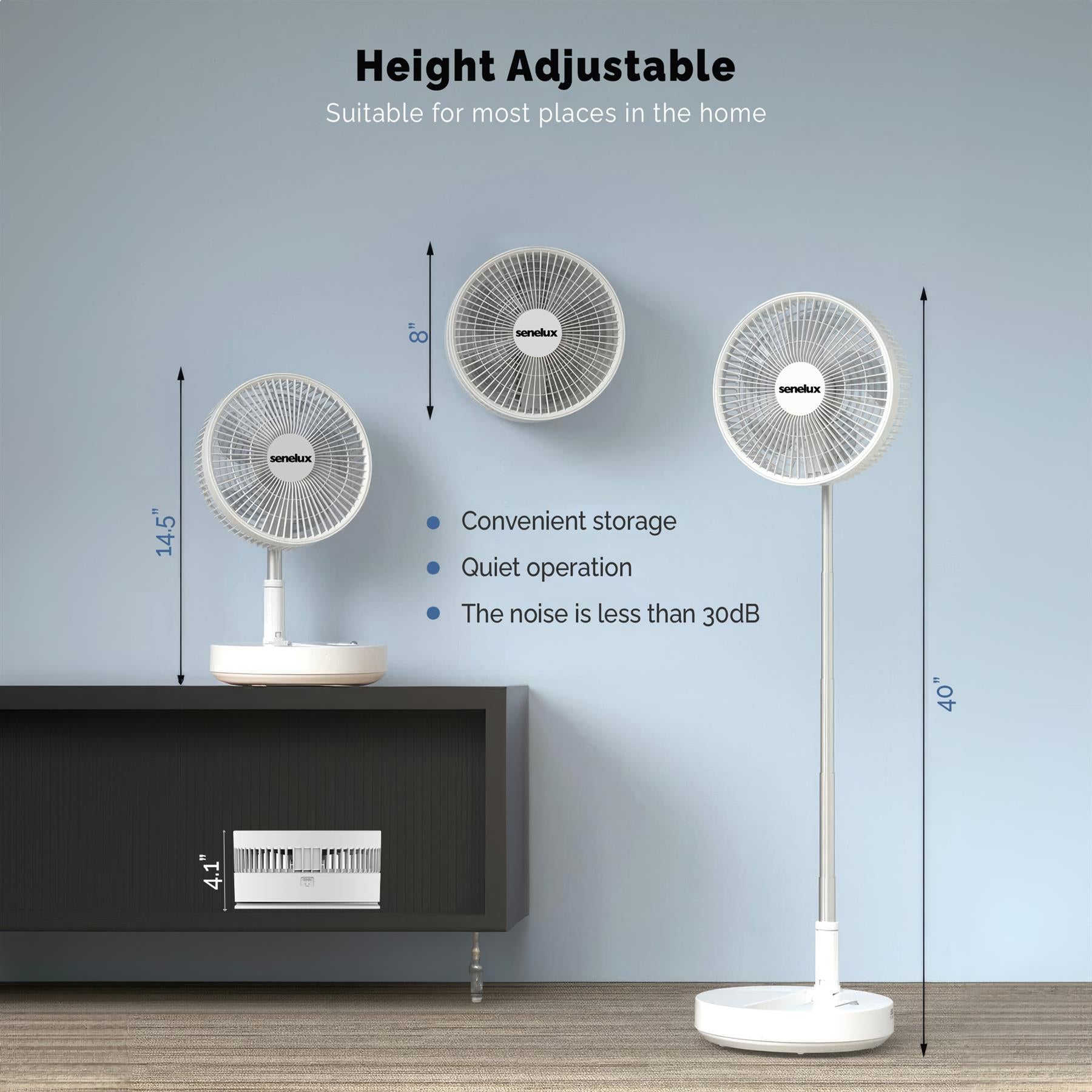 Senelux Portable Oscillating Standing Fan with Remote Control, 8 inch Silent Pedestal Fan, 7200mAh Rechargeable Battery USB Powered Floor Fan