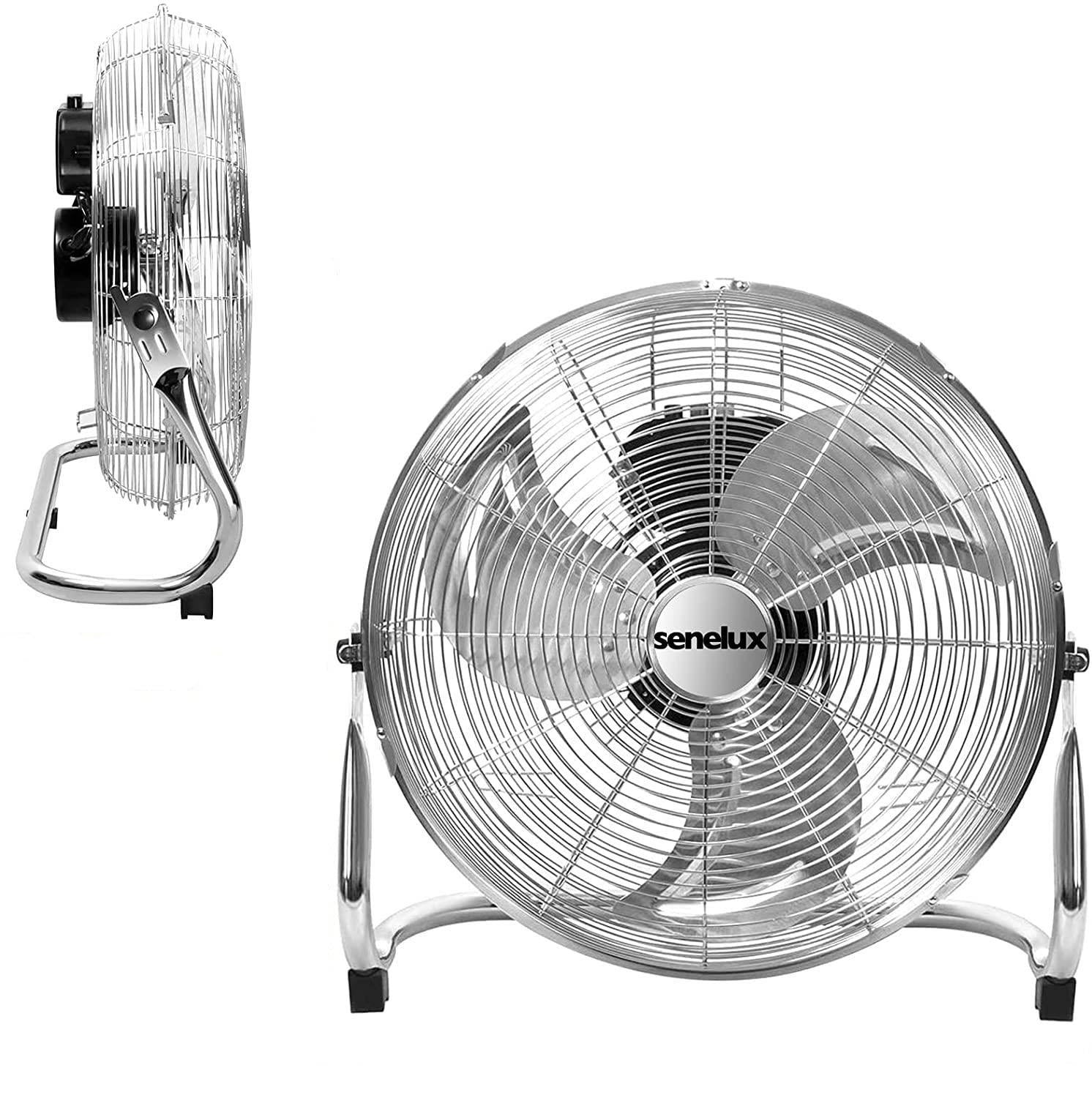 A two in one picture of a Senelux floor fan showing the polished steel fan from the side and from the front