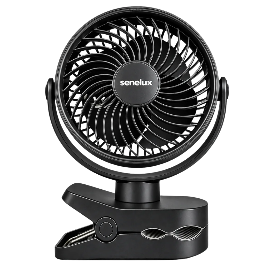Black clip-on fan with 'senelux' branding on a white background