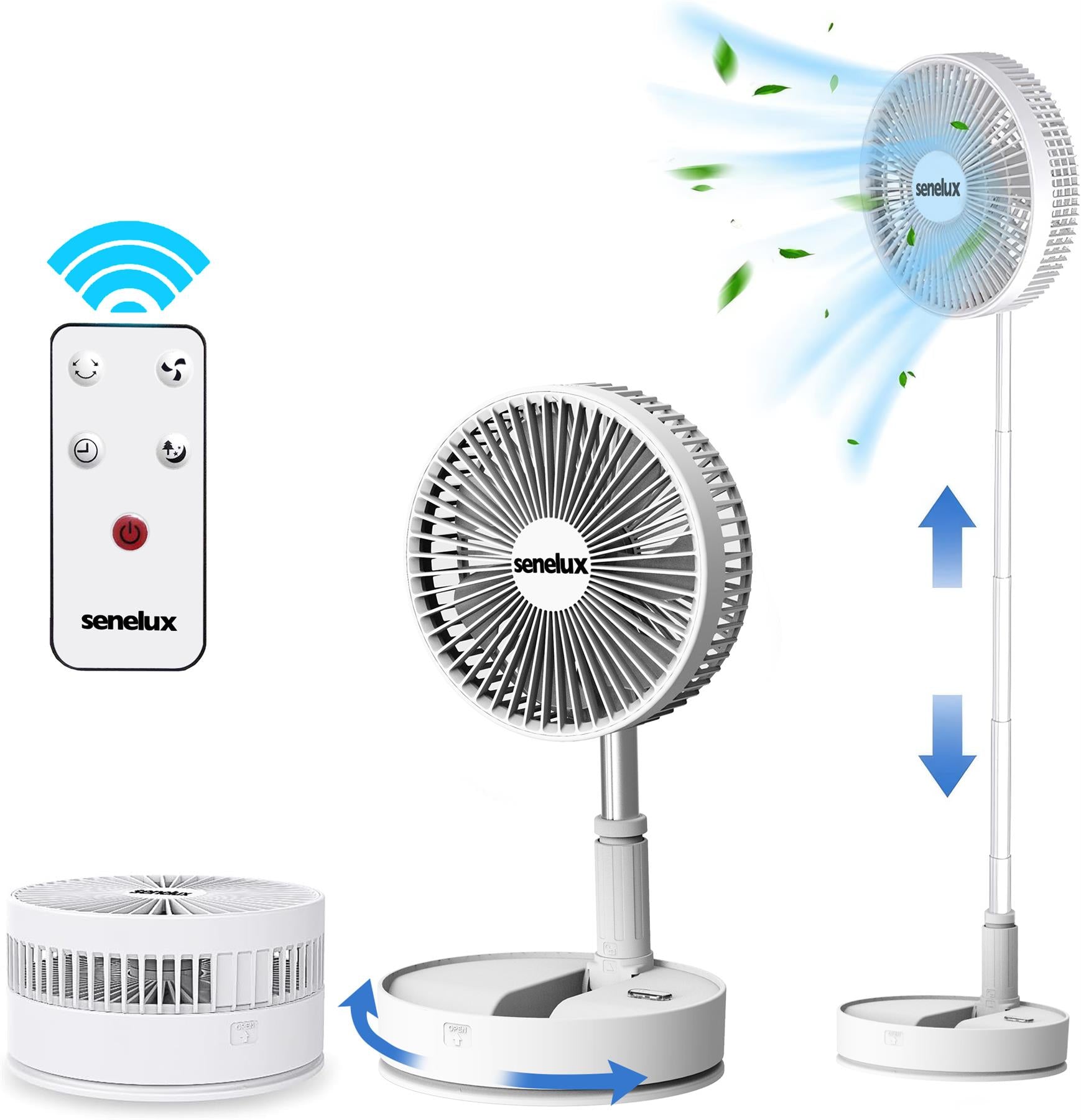 Senelux Portable Oscillating Standing Fan with Remote Control, 8 inch Silent Pedestal Fan, 7200mAh Rechargeable Battery USB Powered Floor Fan