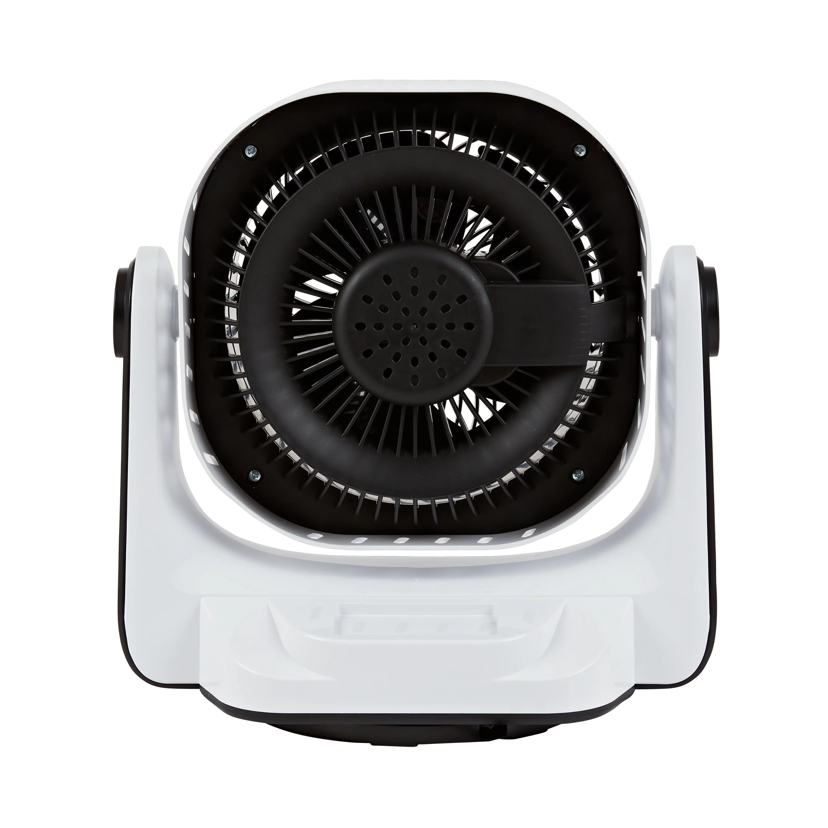 A picture of a black and white air circulator with the circulation fan in the centre of the picture.
