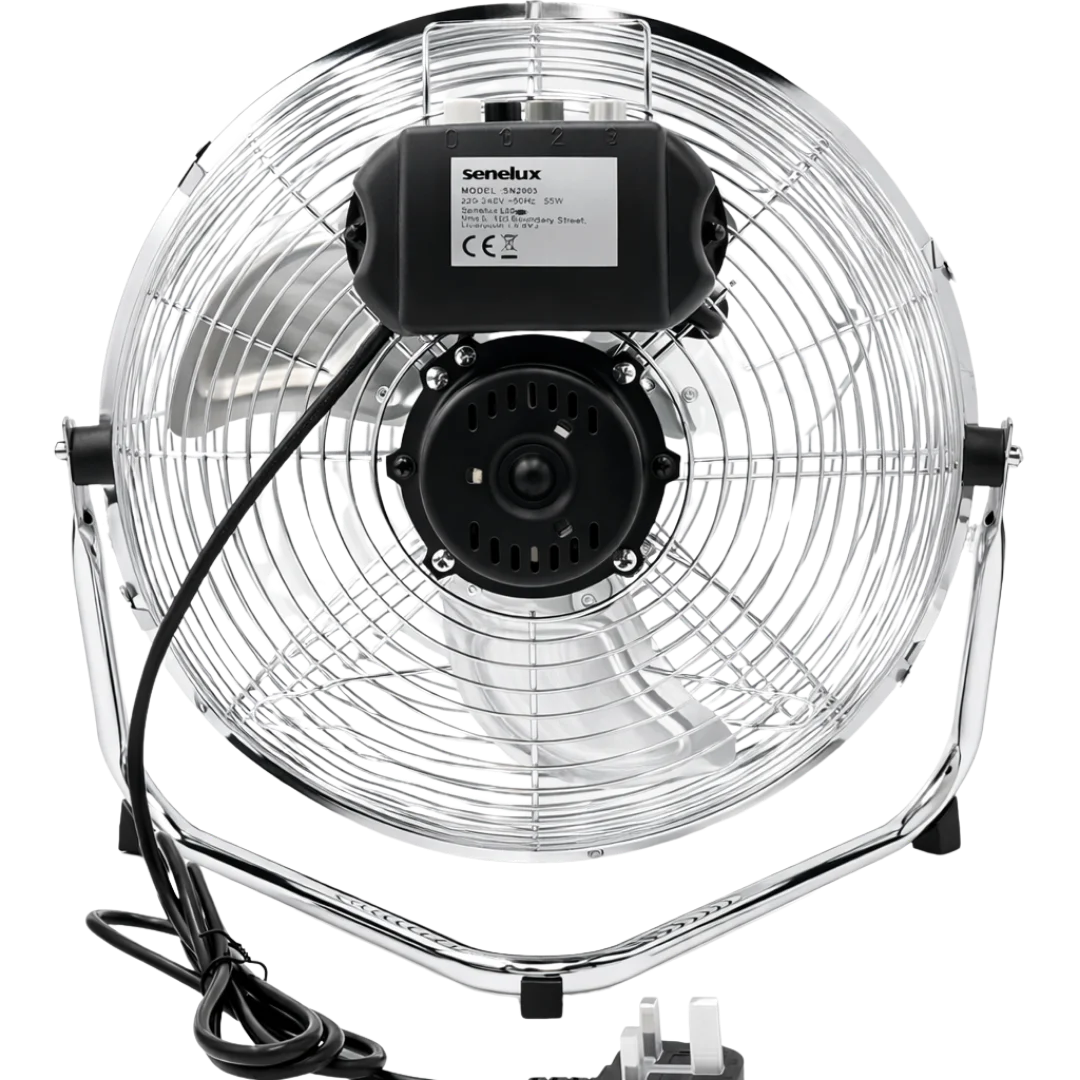 Chrome fan with visible Senelux branding on a white background