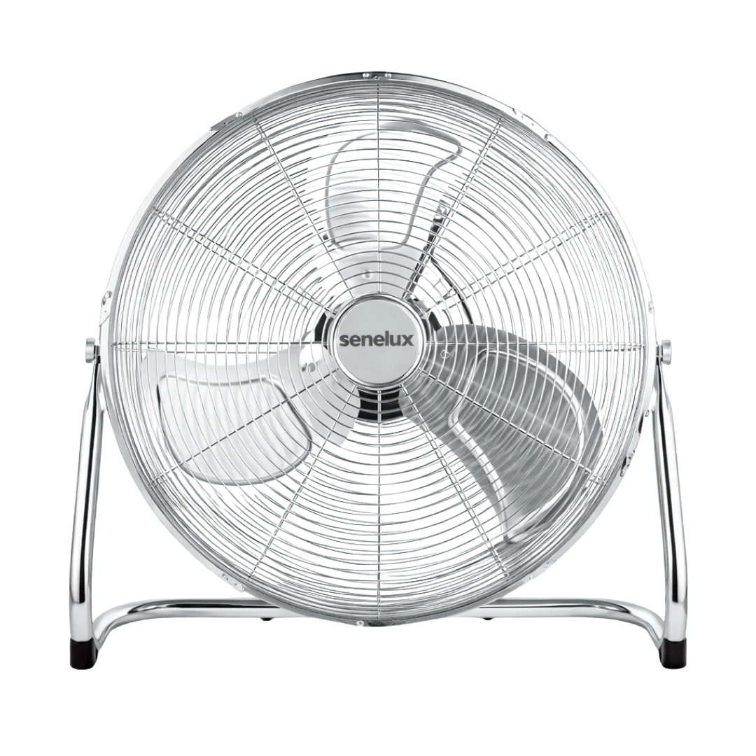 A chrome fan with senelux branding against a white background