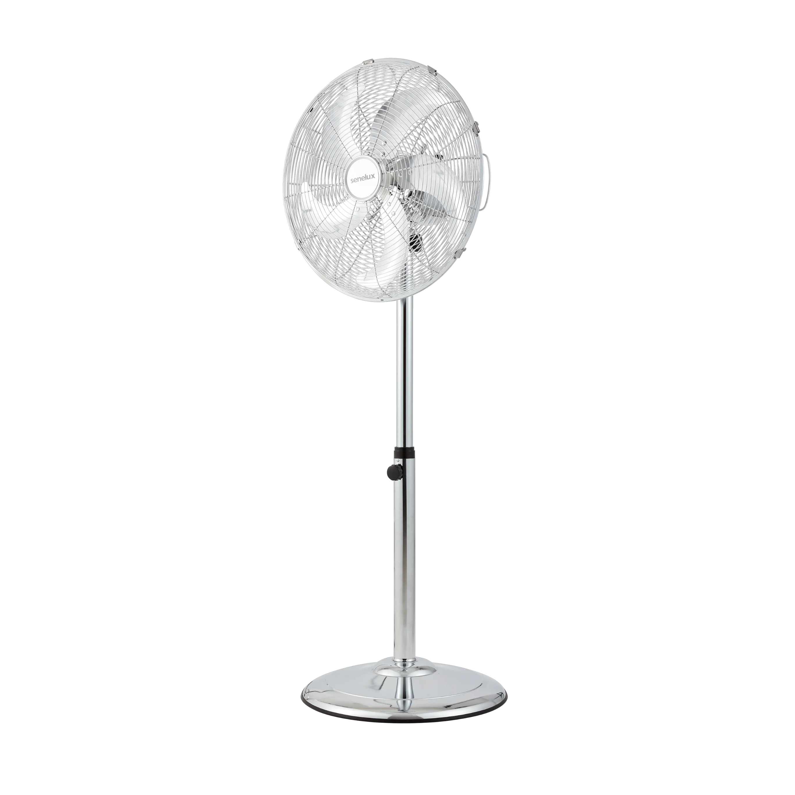 A picture of the chrome 16 inch pedestal fan with an adjustable telescopic neck and adjustable fan head.