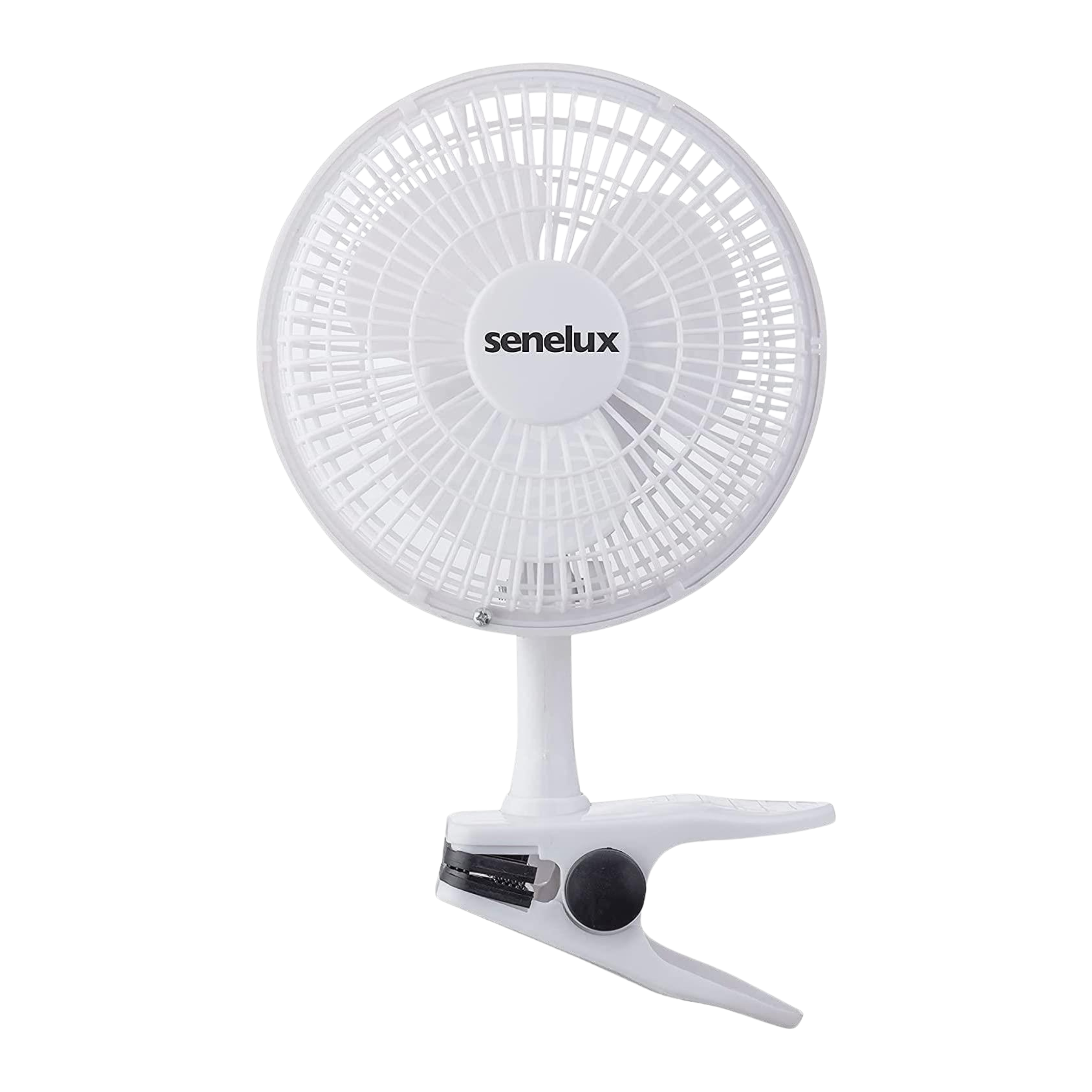 An image of the Senelux 6 inch clip on fan with rubberized clip located on the bottom with black, protective rubber.