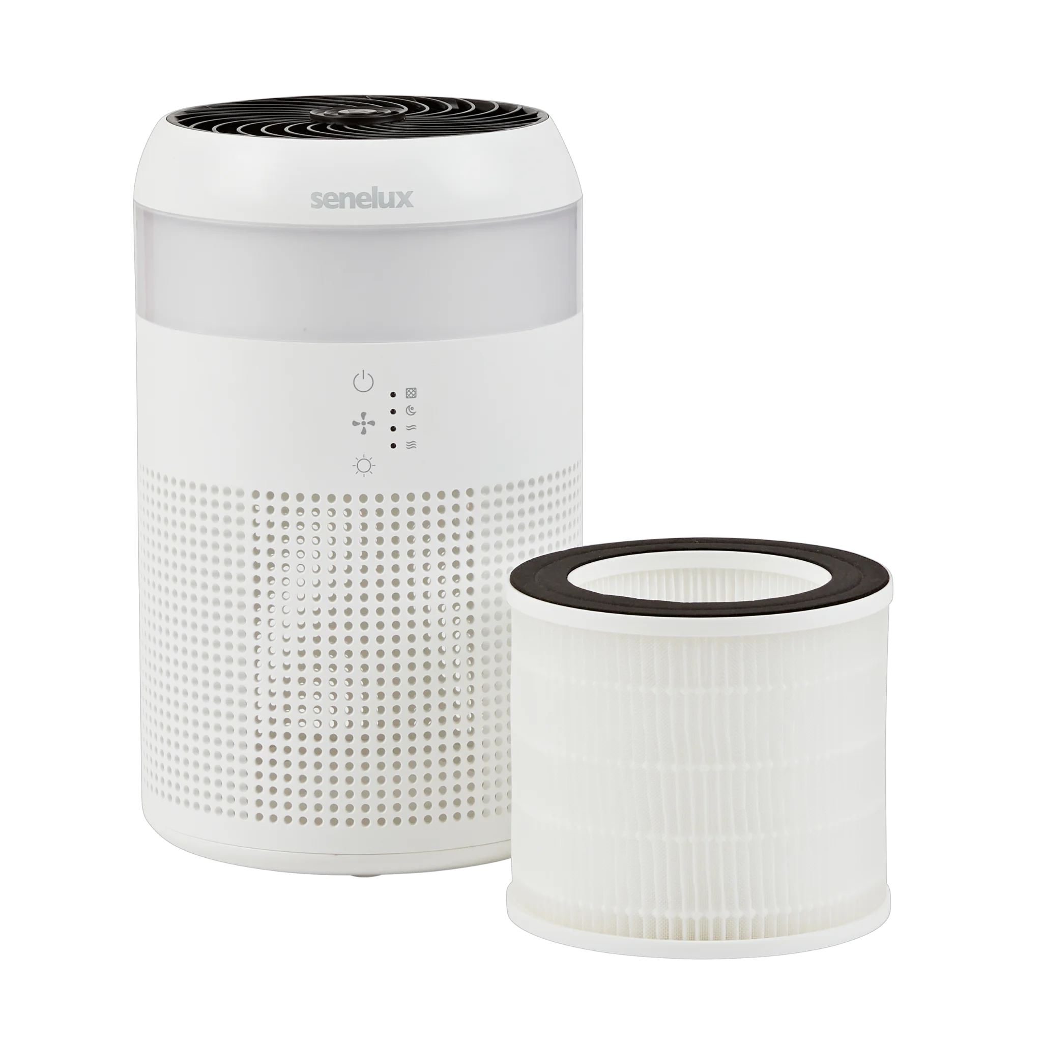 A photo of the Senelux Demi Air Purifier with an advanced, spare HEPA filter standing next to it.