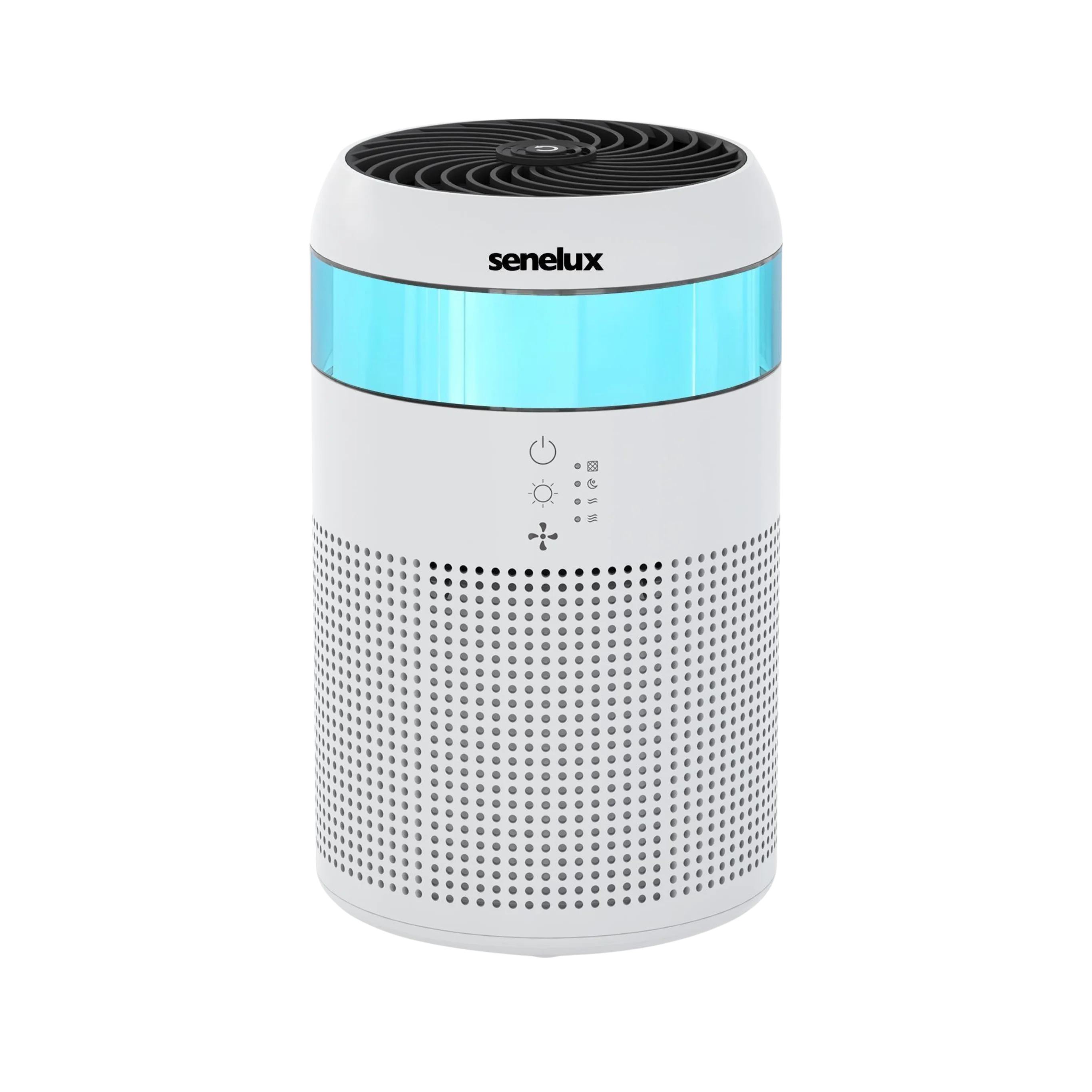 An image of the Senelux Demi Air Purifier with a blue LED light showing on the light strip and Senelux logo above