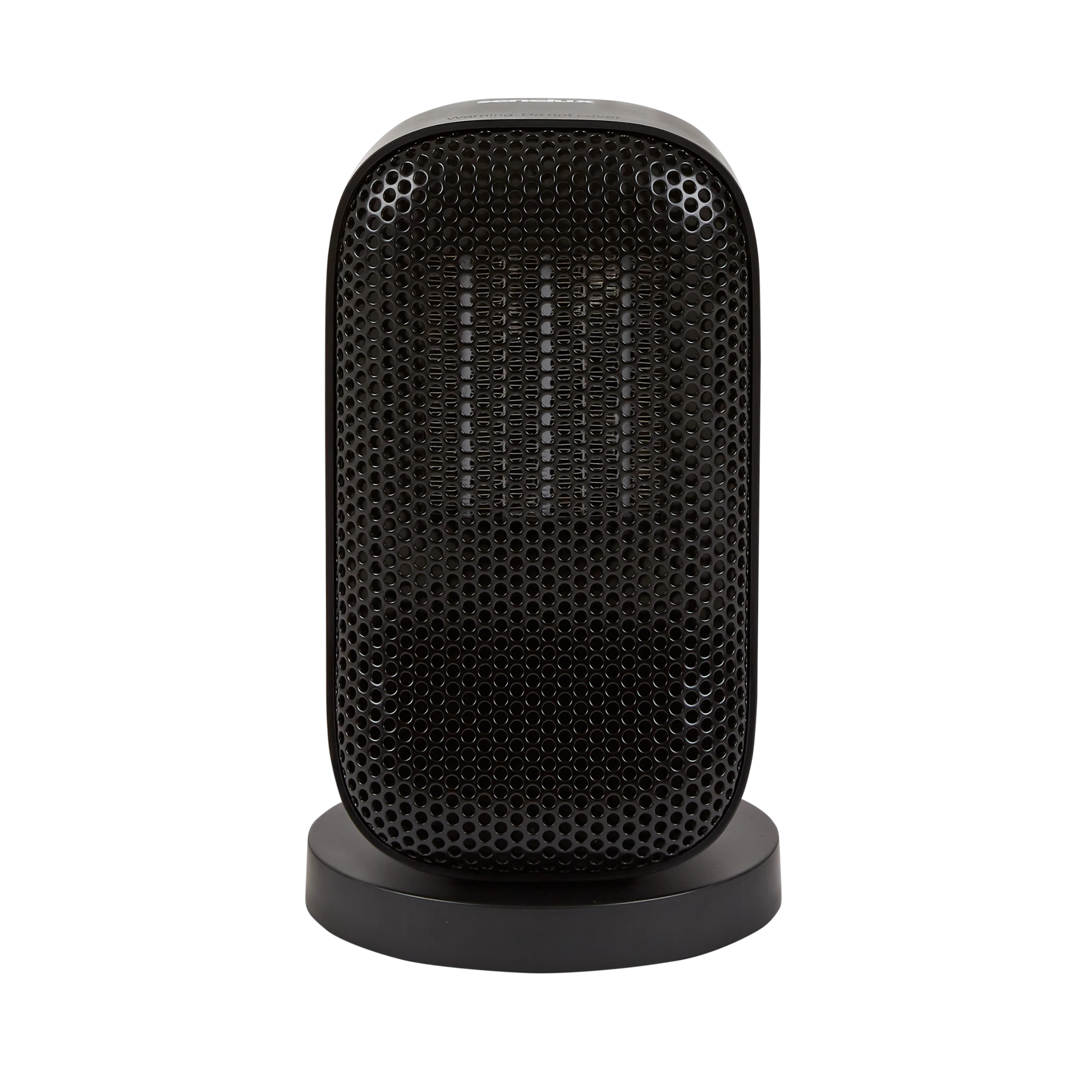An image of the Senelux Desktop Space heater in all black with the metal heating grill reflecting a warm, shining light.