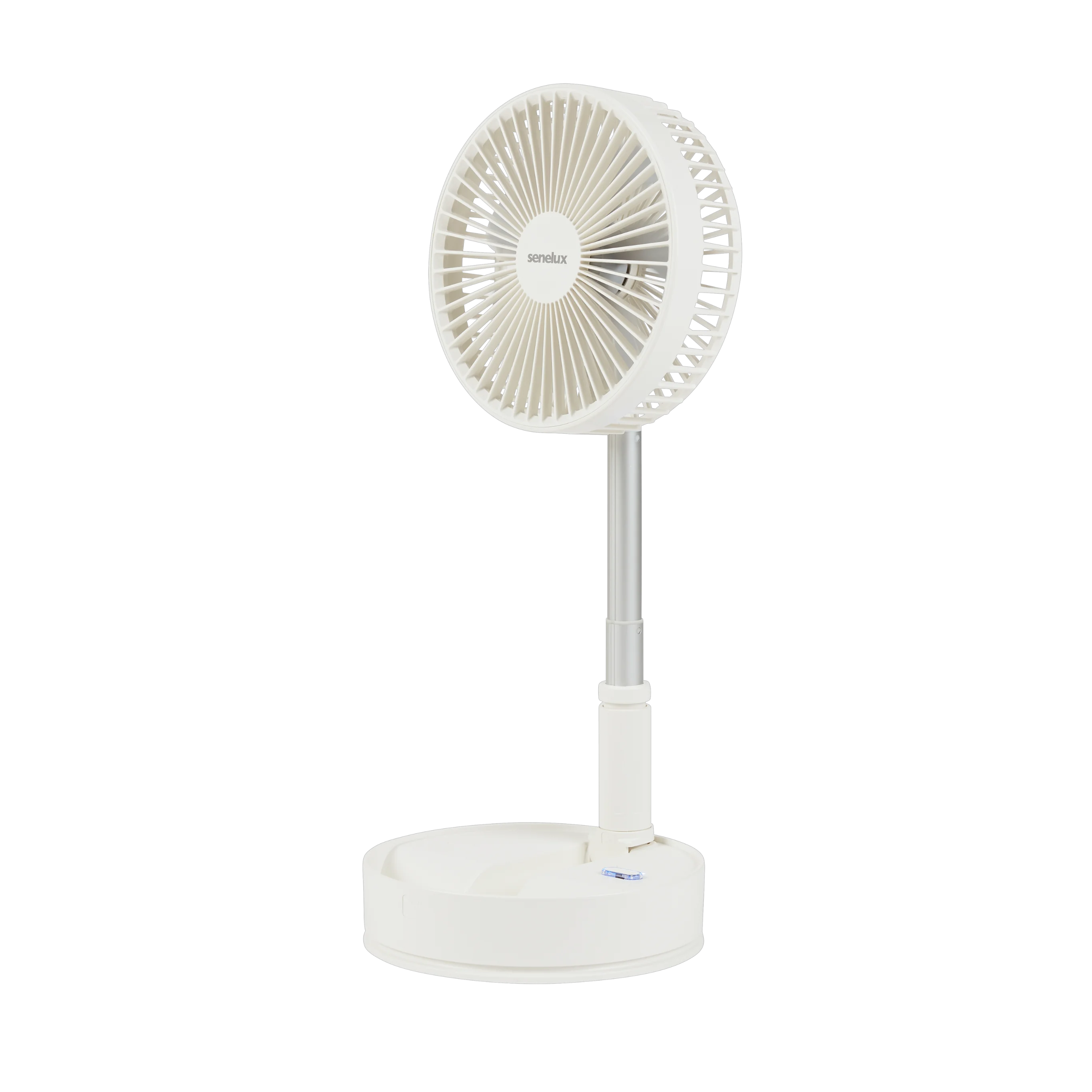 An image of the Senelux fully folding, rechargeable battery powered fan with telescopic neck and white design.