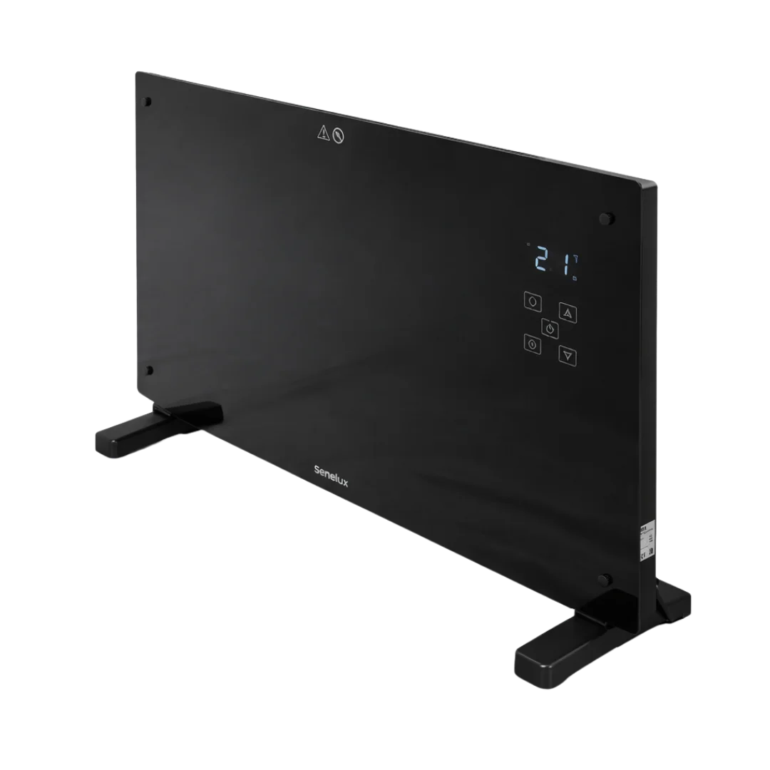 Black electric heater with digital display on a white background