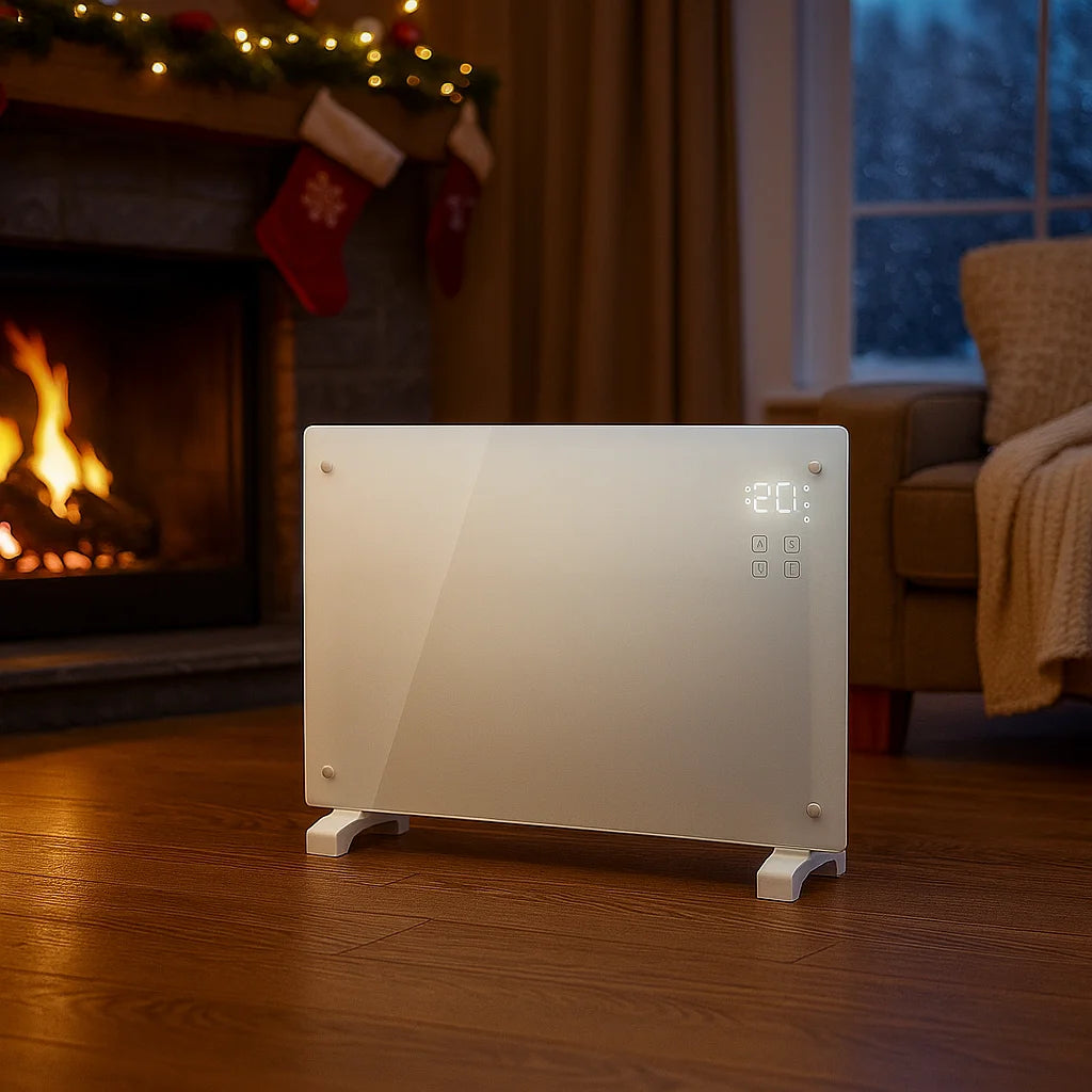 Electric space heater on a wooden floor with a fireplace and Christmas stockings in the background
