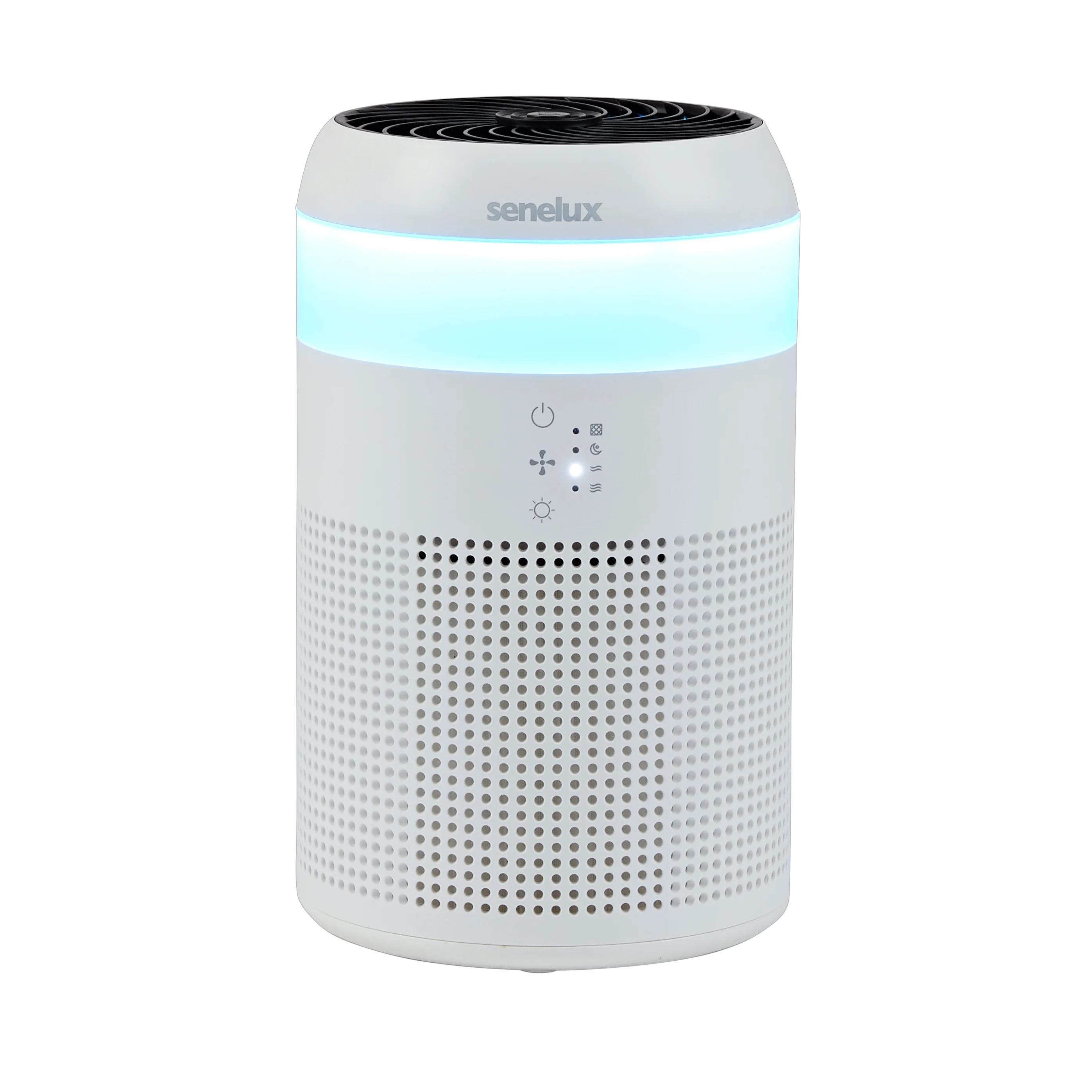A picture of the Senelux Demi Air Purifier with the LED strip brightly shining with the cool Senelux blue colour