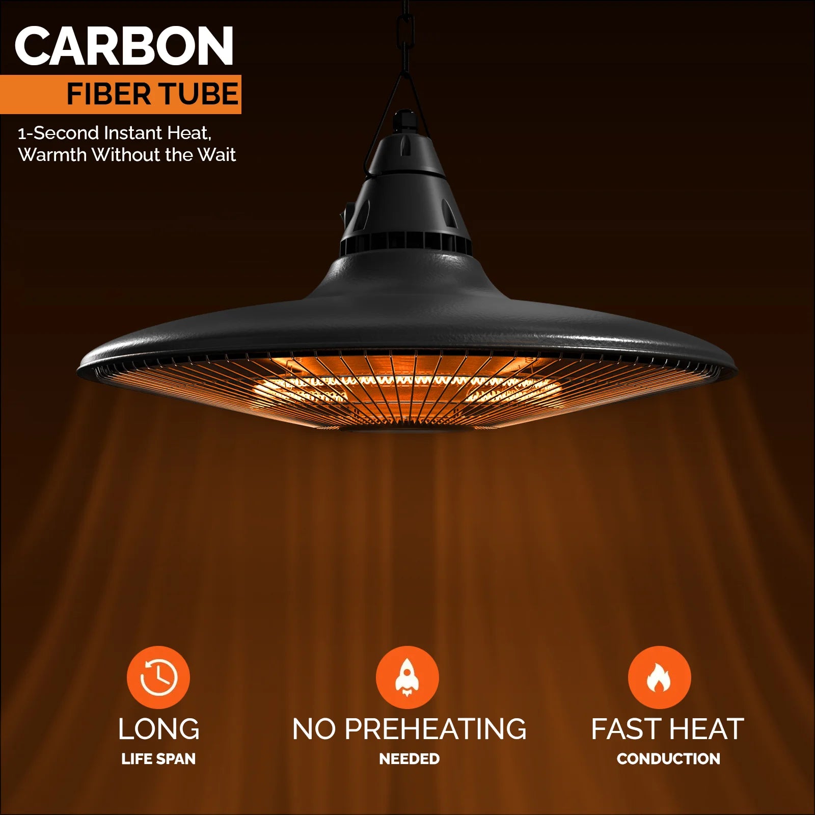 Carbon fiber tube heater with features highlighted on a dark background
