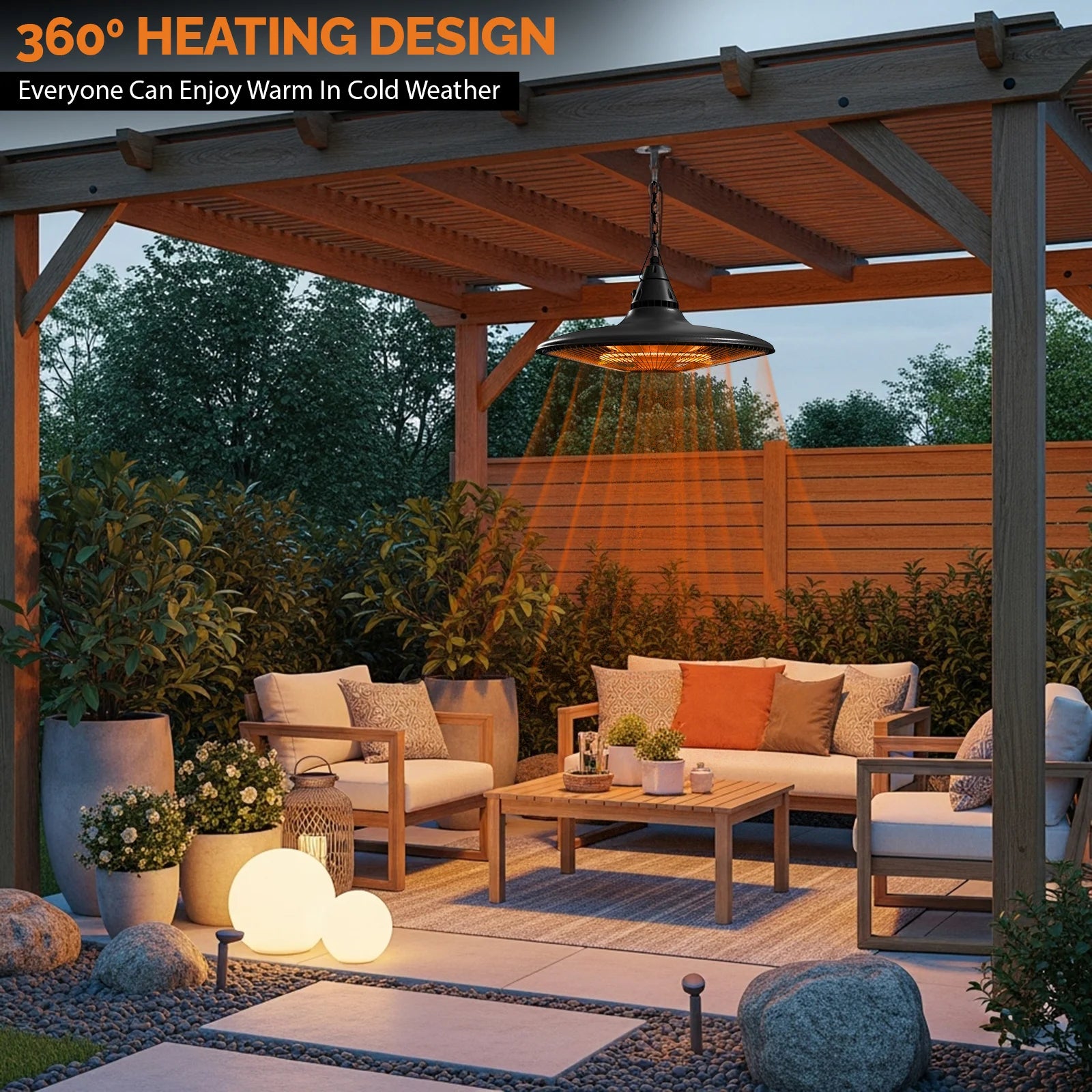 Outdoor patio with heating design in action, surrounded by furniture and plants.
