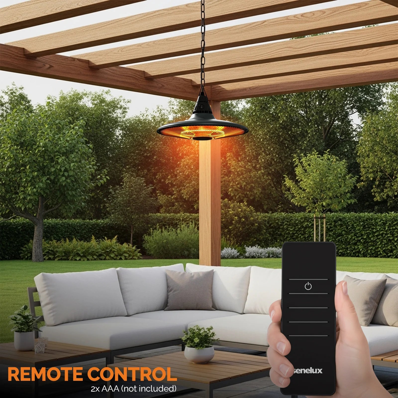 Outdoor patio heater with remote control in a garden setting