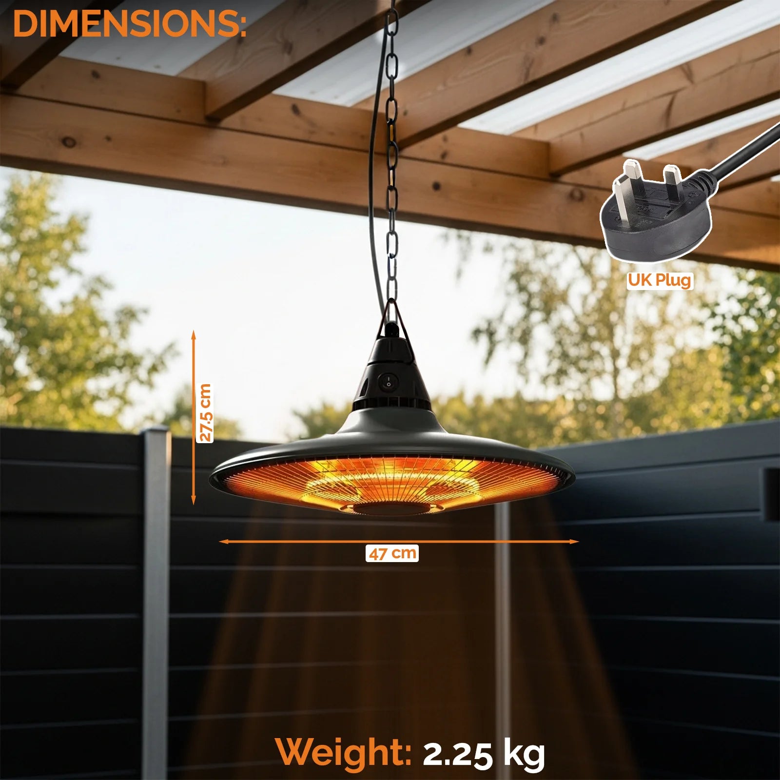 Outdoor patio heater with dimensions and weight displayed, hanging from a wooden pergola.