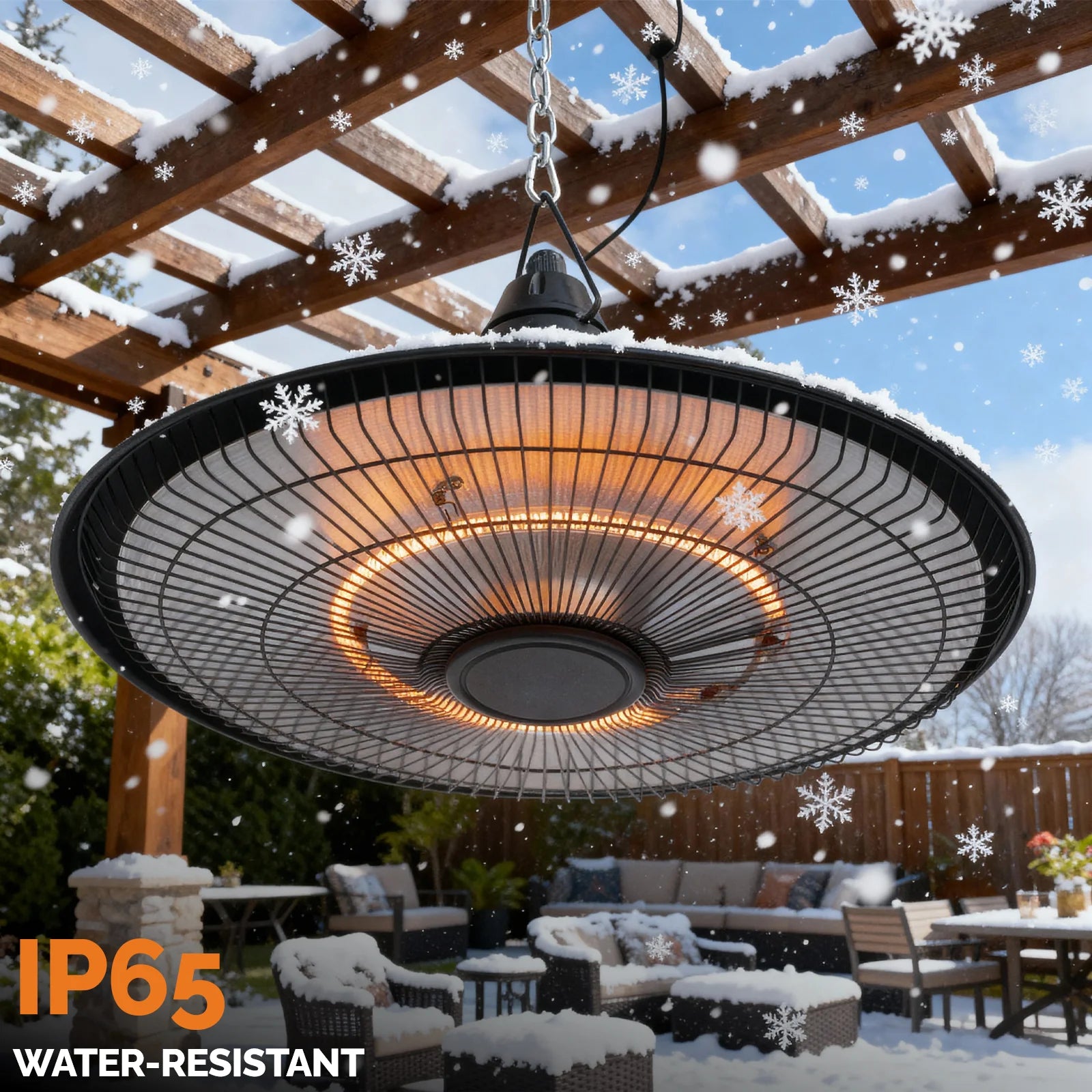 Outdoor patio heater under a snow-covered pergola with 'IP65 Water-Resistant' text.