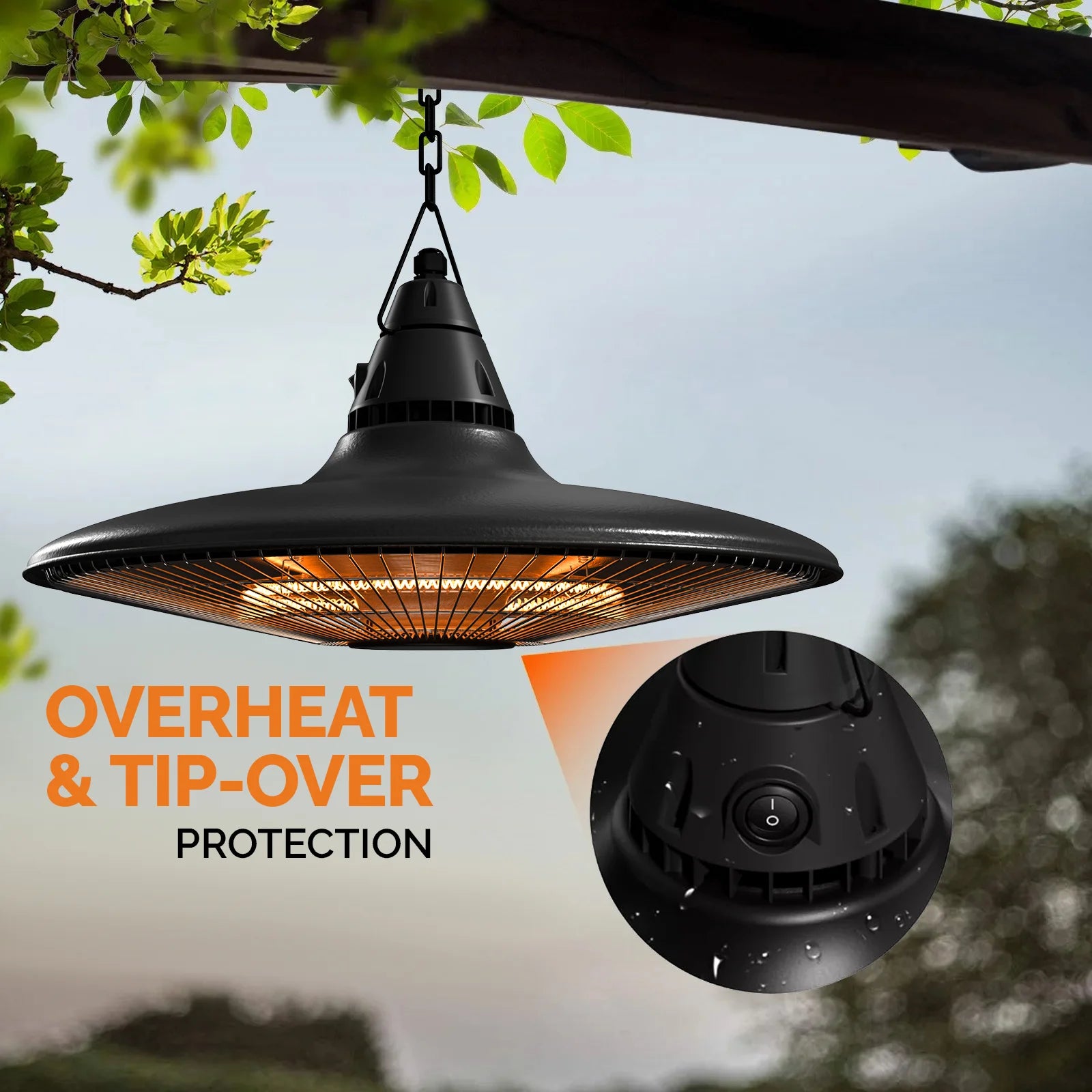 Outdoor hanging heater with 'Overheat & Tip-Over Protection' text and a close-up of the control panel.