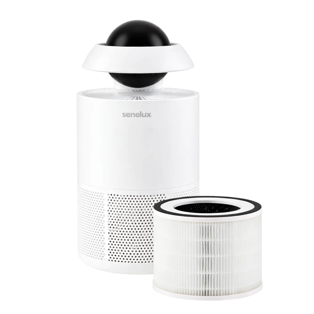 Senelux air purifier with black top and white base on a white background