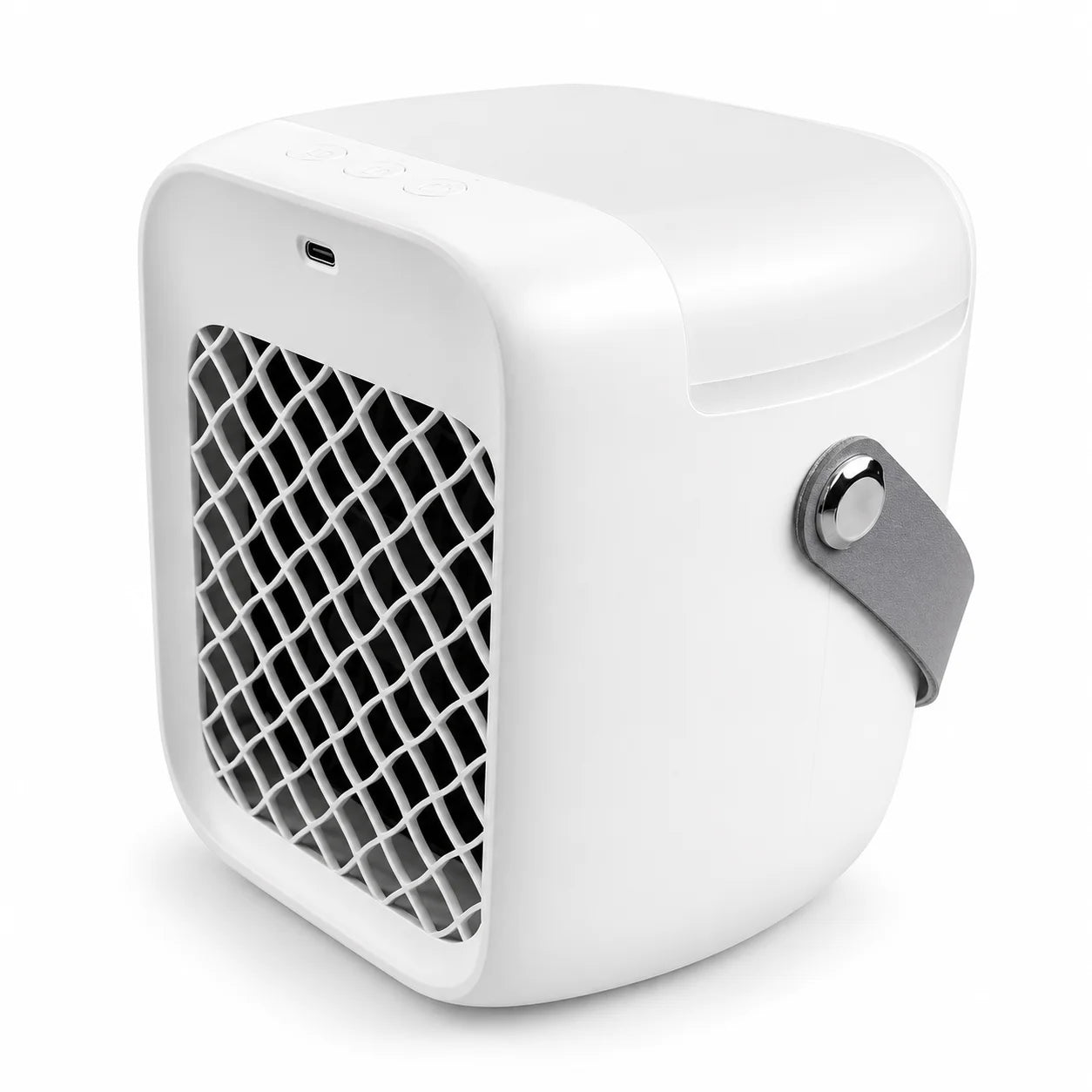 Small white fan with a grid design on a white background