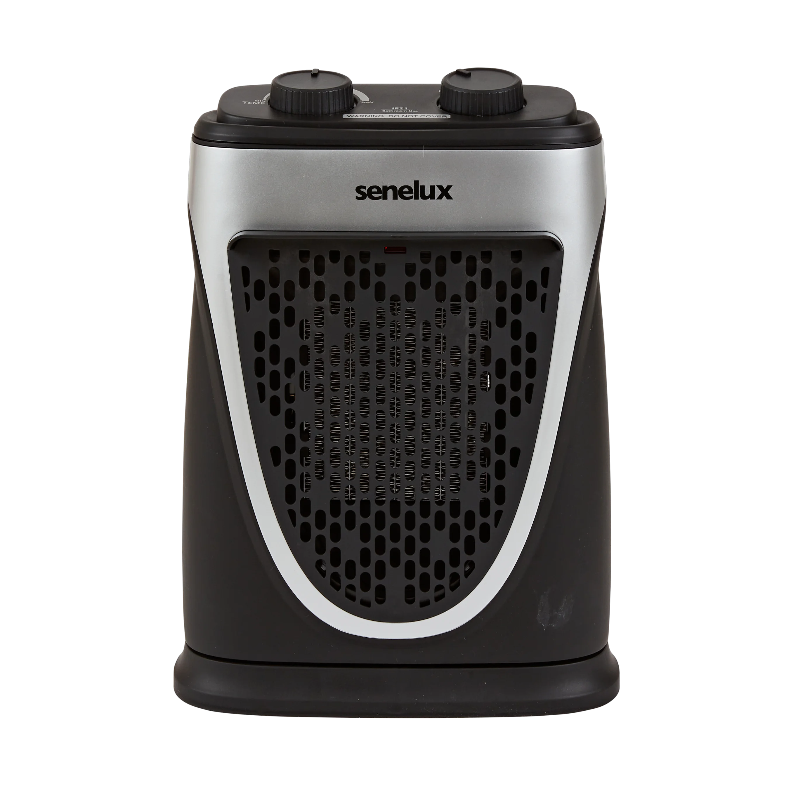 A picture of the black and silver Senelux mini heater taken from the front with the thermostat controls at the top.