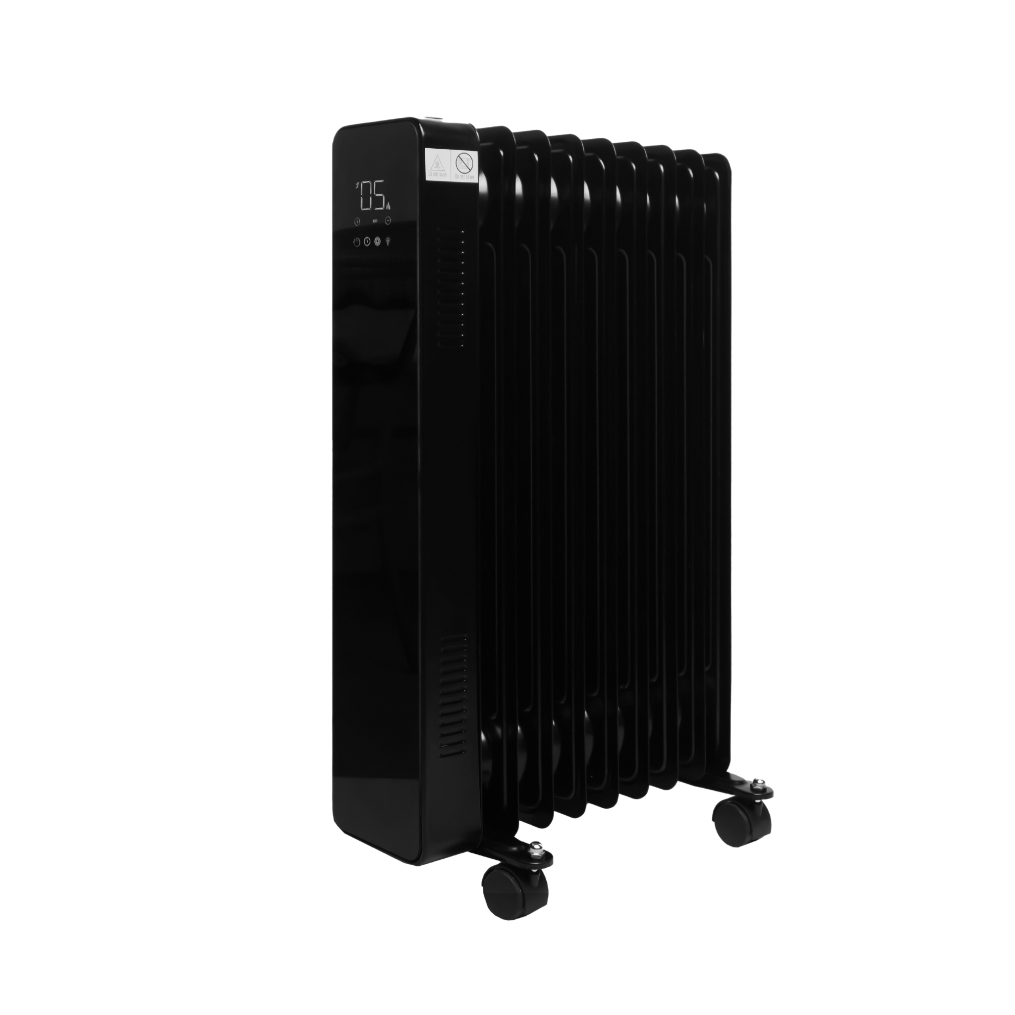 A picture of a Senelux Oil Filled Heater with an all-black metal design and an LED display screen along the larger side.