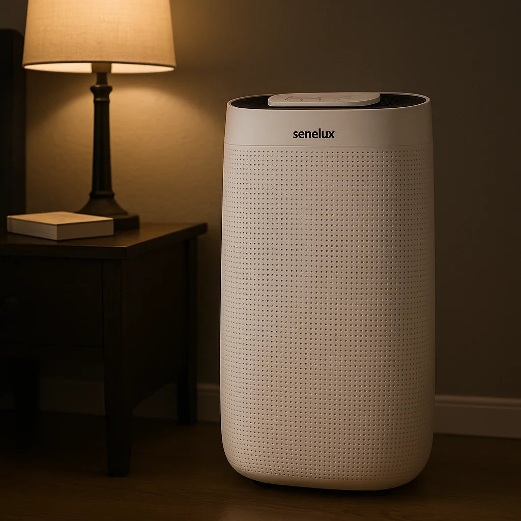 Senelux air purifier in a dimly lit room with a lamp and book on a table.