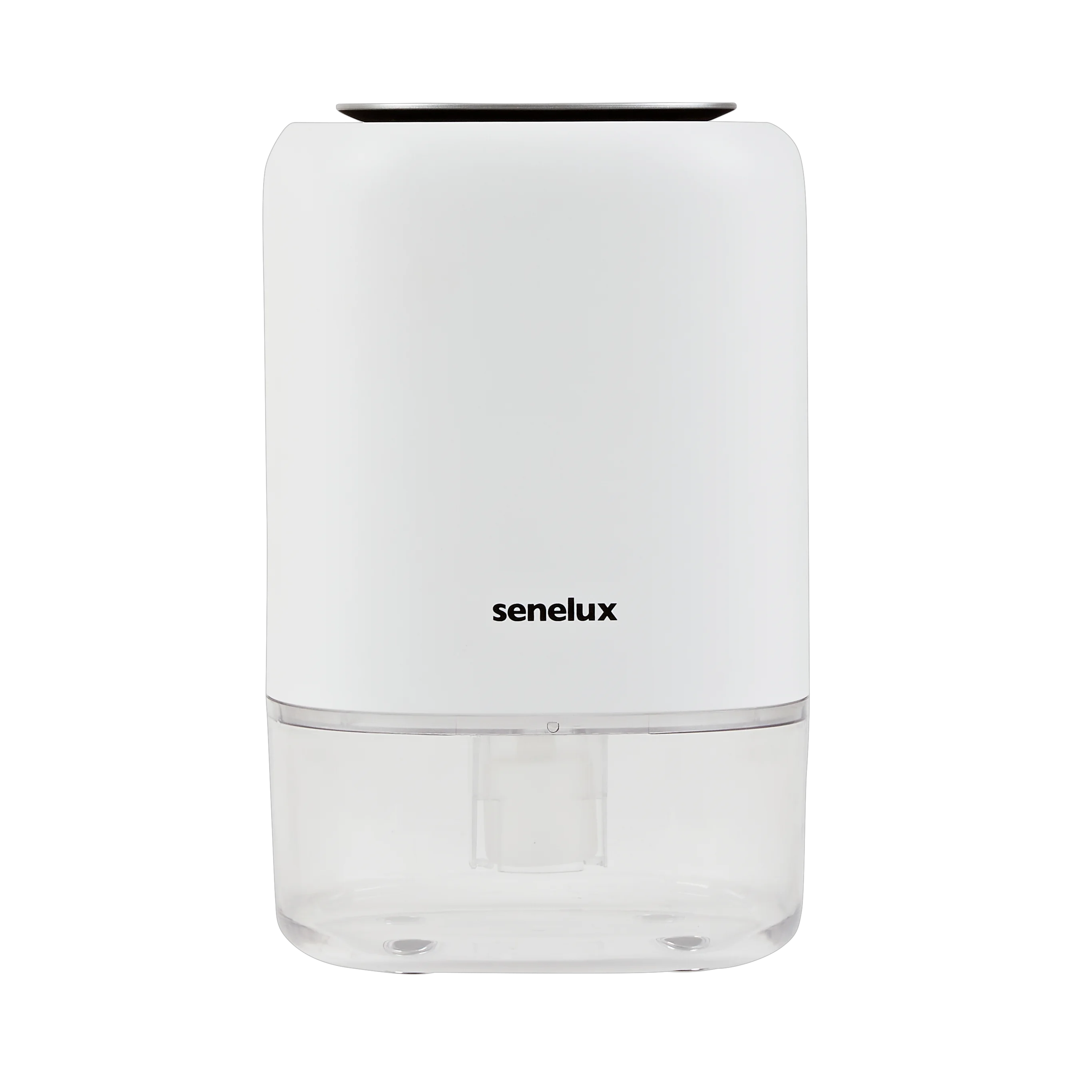 A picture of the Senelux Q4 Dehumidifier without the LED lights on with the clear plastic water tank at the bottom