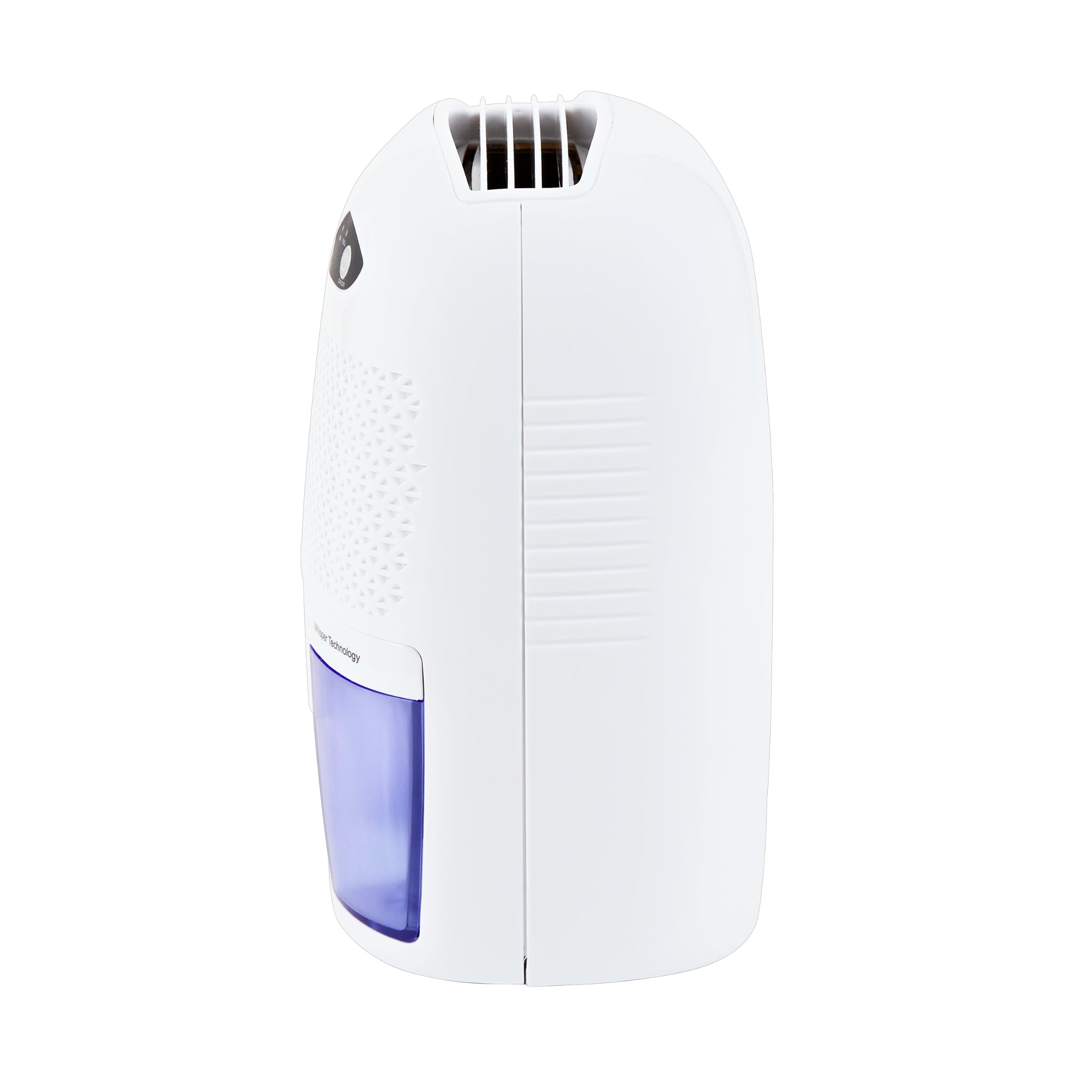 A sleek, mostly white Senelux 250ml dehumidifier. Moisture control vents are on the top of the dehumidifier and visible.