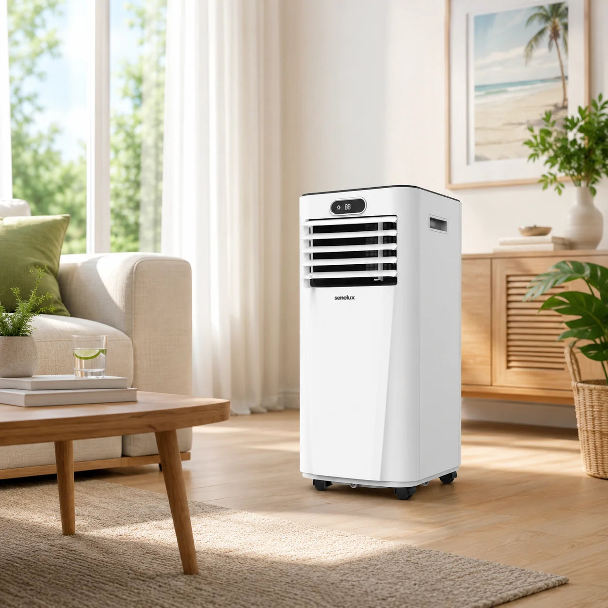 Portable air conditioner in a living room with a couch, coffee table, and plants.