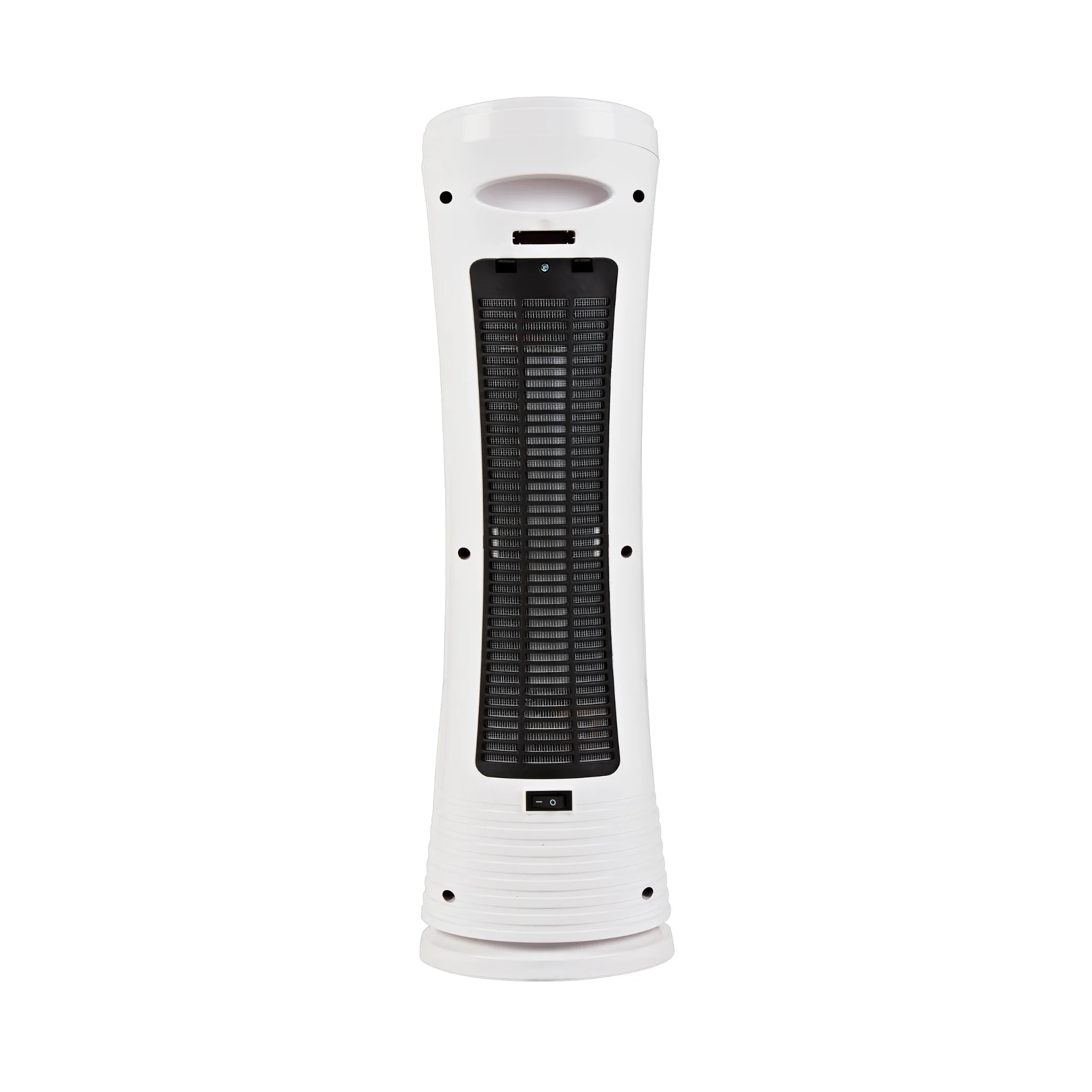 Senelux 2000W Tower Fan back image showing the simple, energy efficient on/off switch at the bottom and remote holder at top.