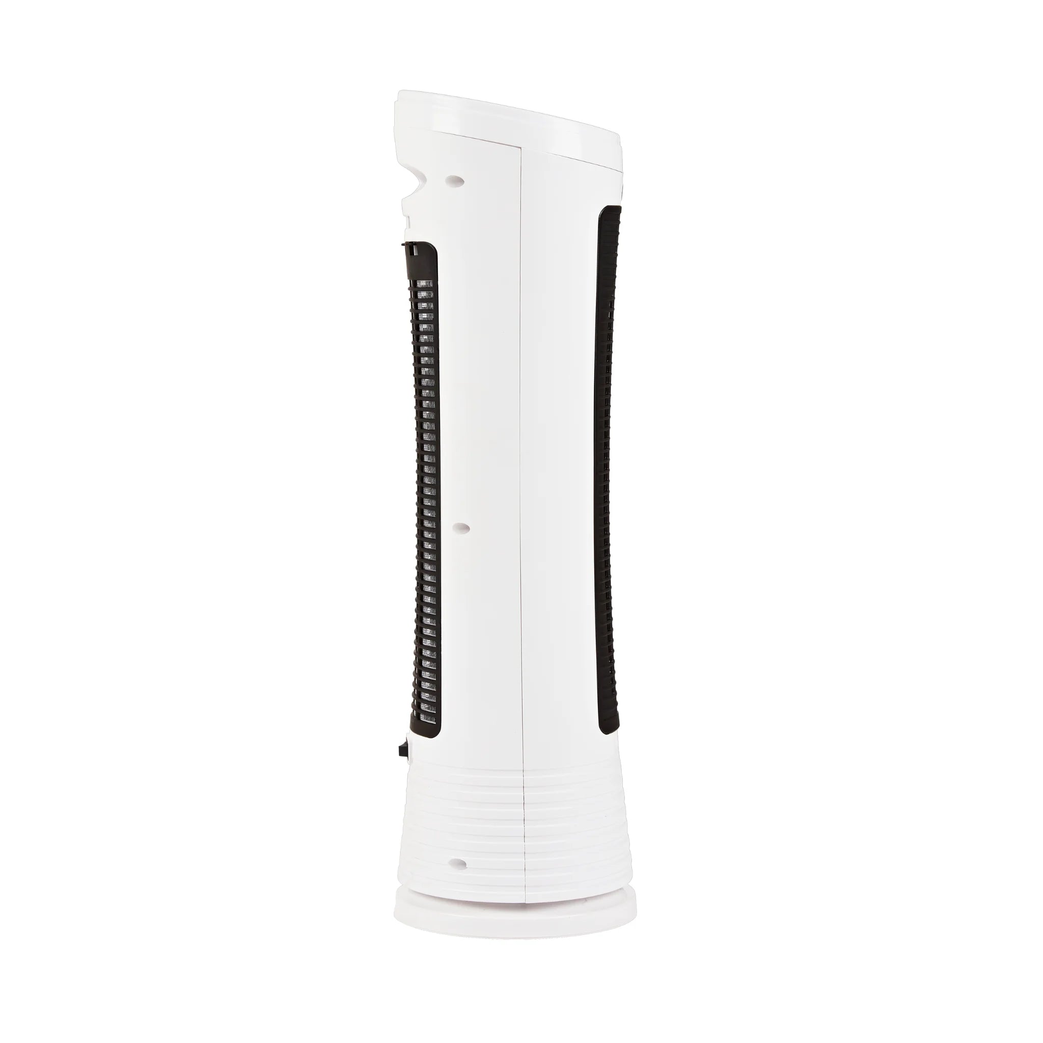 A Senelux 2000W Tower Heater with a slim, white design and portable carry handle pictured in a side on view.
