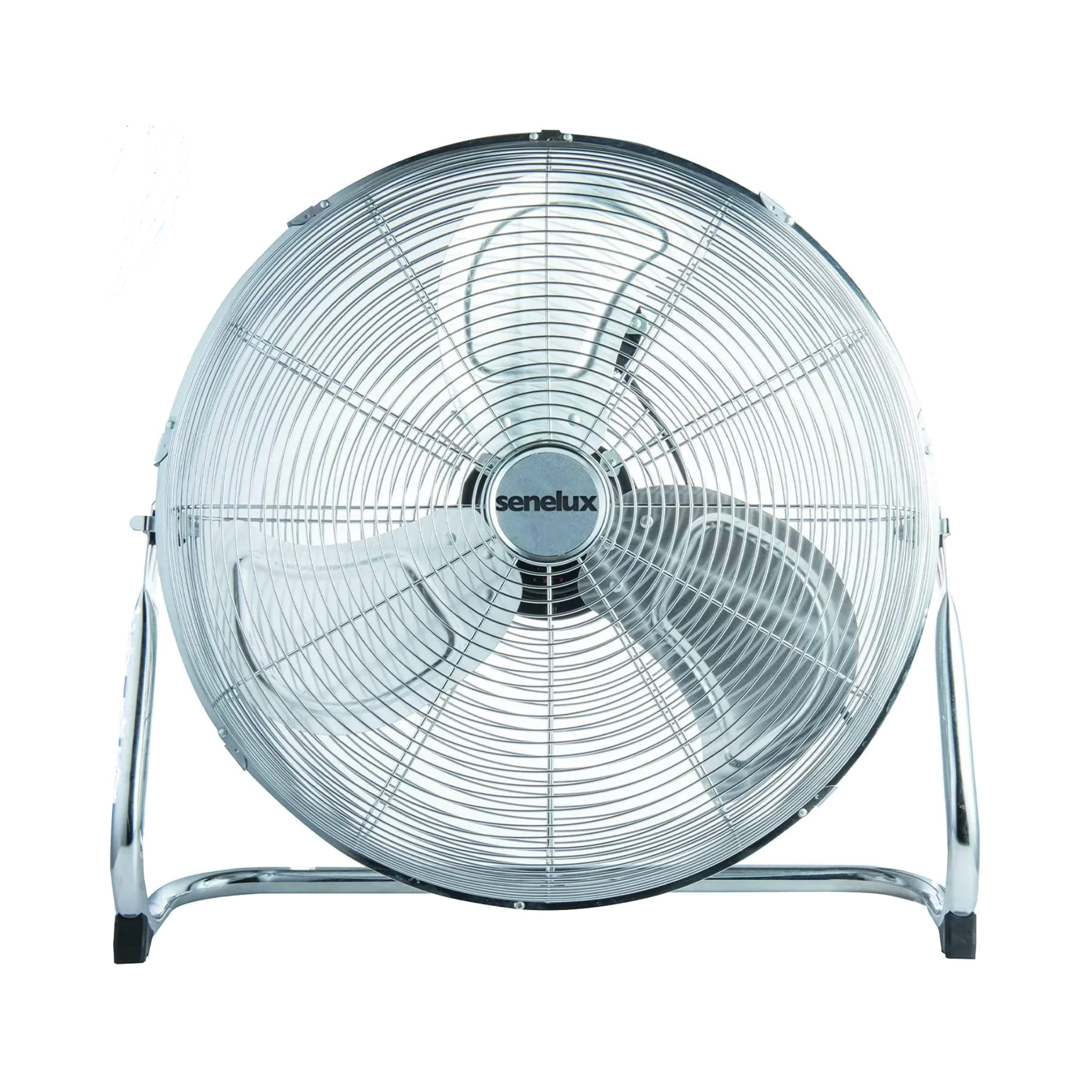 A classic chrome floor fan with a polished, clean body and three shiny blades with the Senelux logo in the middle.