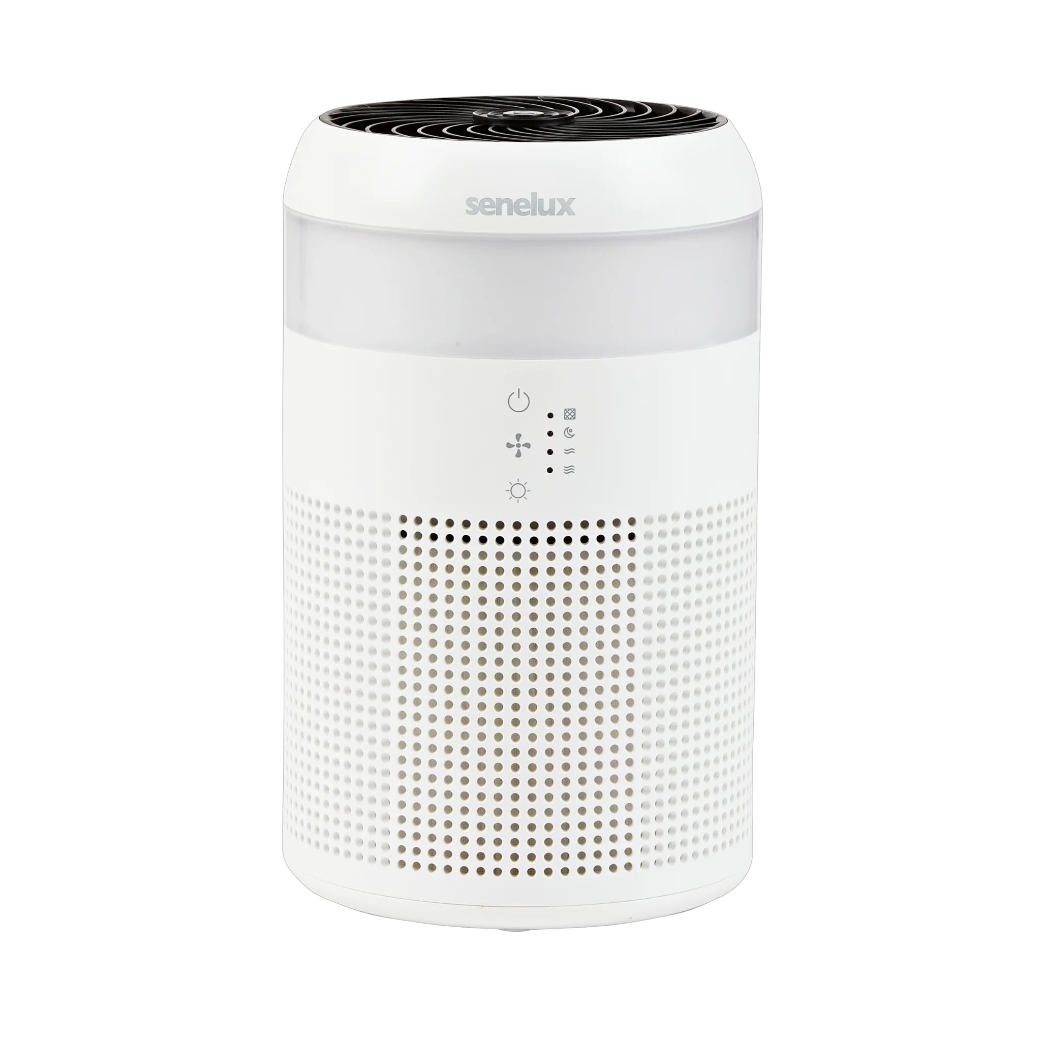 A Senelux Air Purifier with a sleek, all white design with an unlit LED light strip near the top of the purifier.