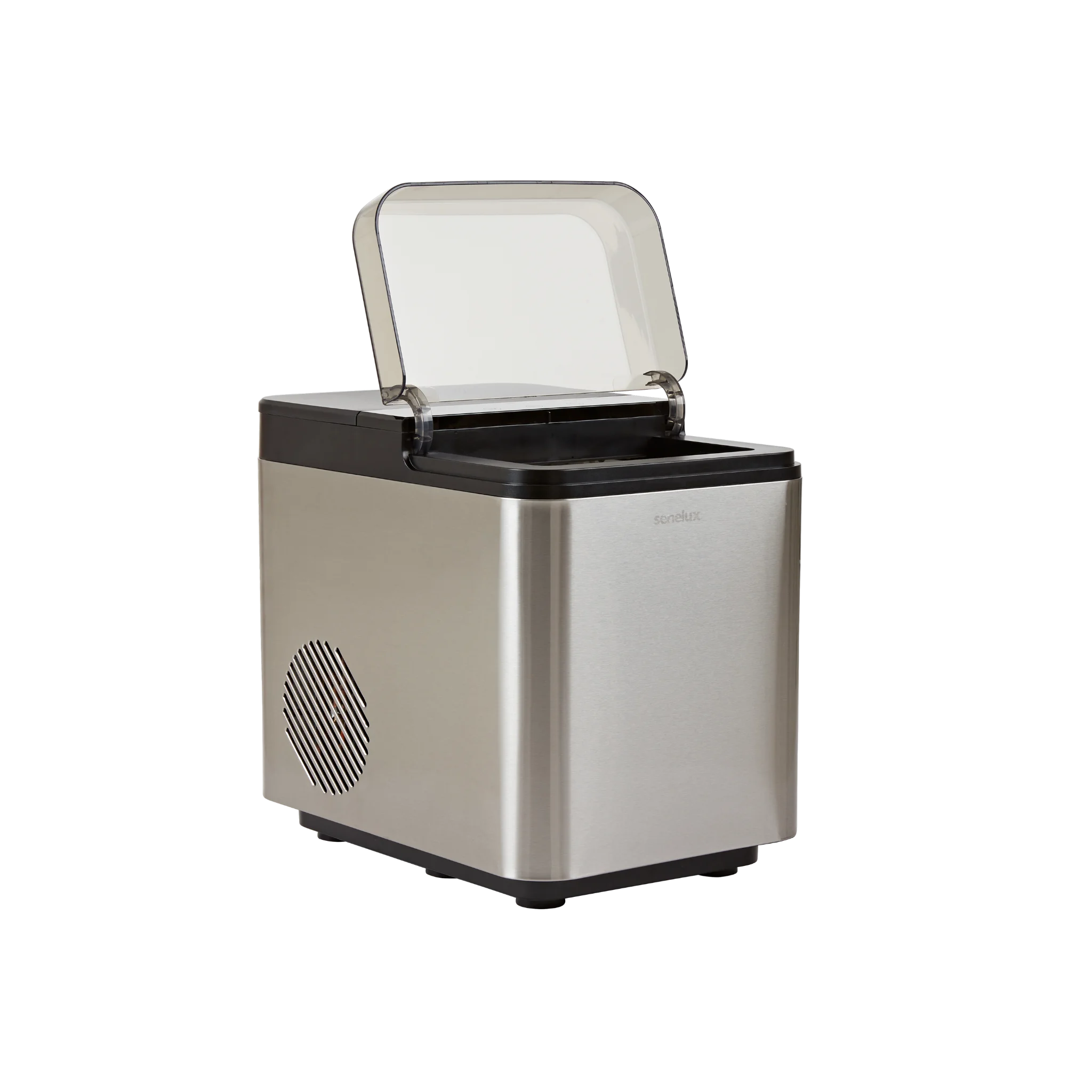An image of a stainless, chrome steel Senelux Compact Ice Maker with a clear, tinted lid for the ice bucket.