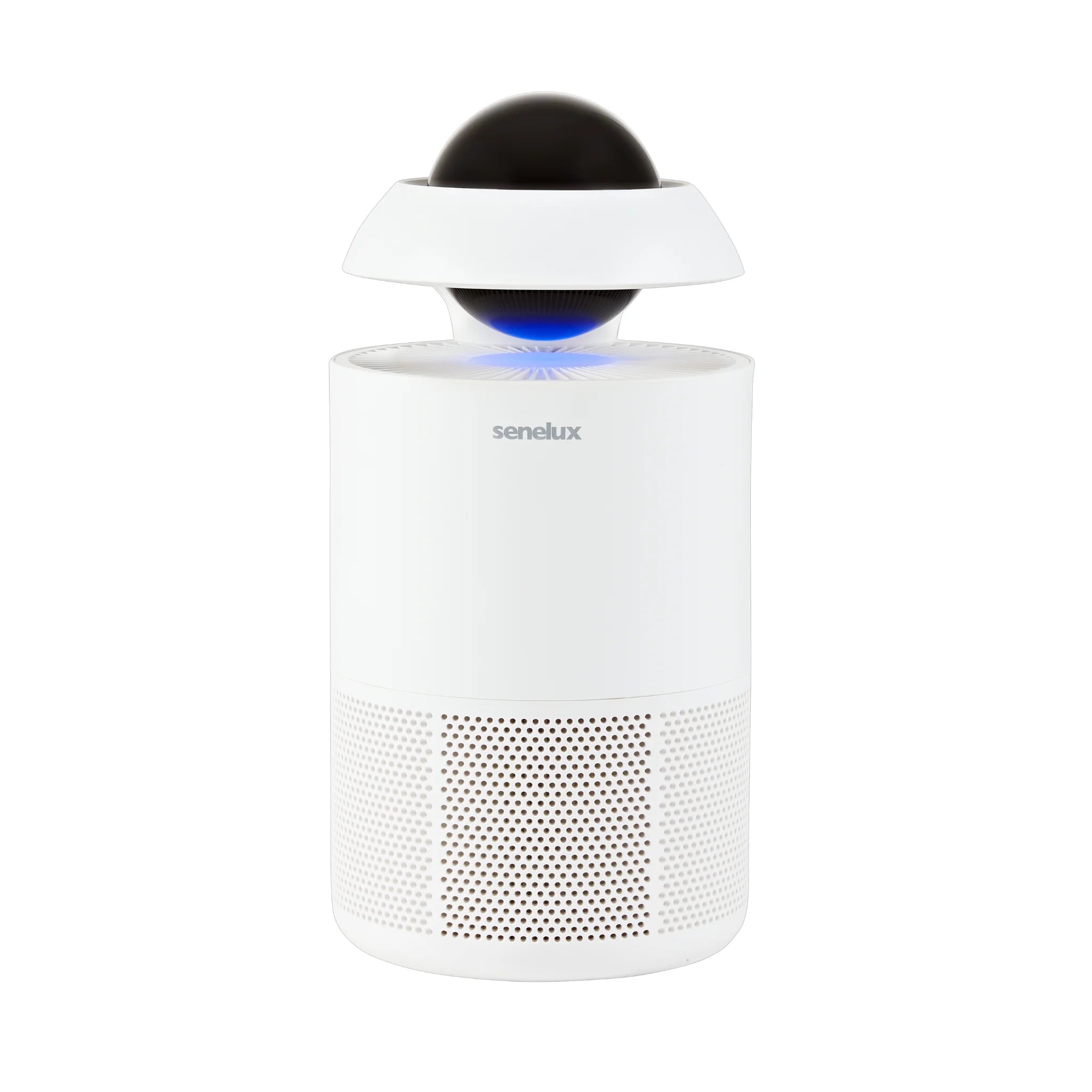 A Senelux Jupiter Air Purifier that is turned on with its inbuilt LED lighting shining from the black control unit.