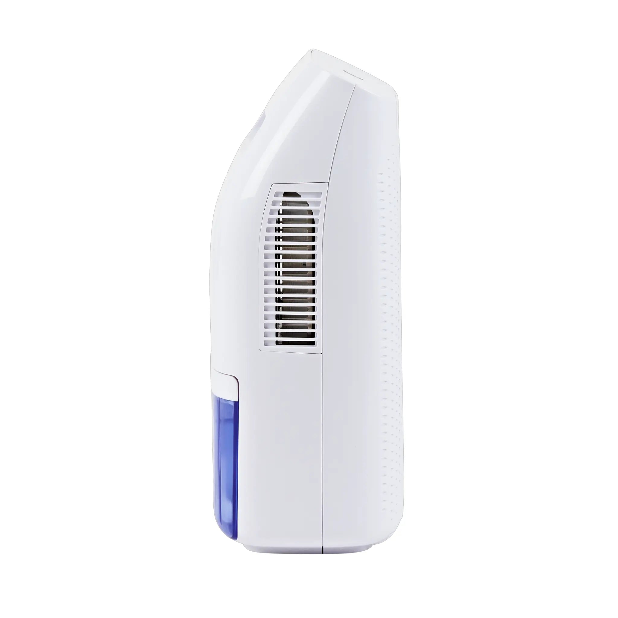 A side on image of the Senelux 750ml dehumidifier. The white design is enhanced by the purple of the dehumidifier's water tank.
