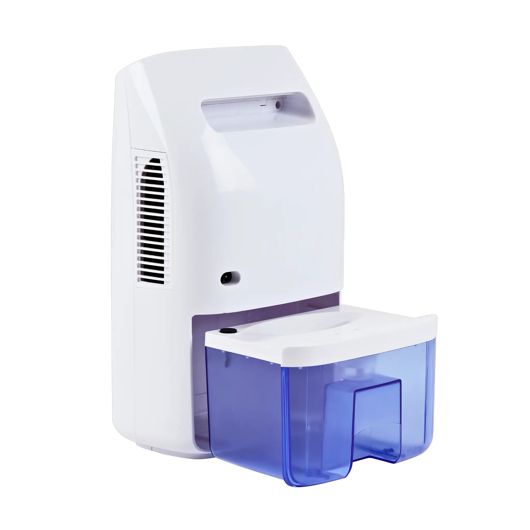 Senelux 750ml dehumidifier with the water tank being drawn from the back. The easy draw water tank is purple and white.