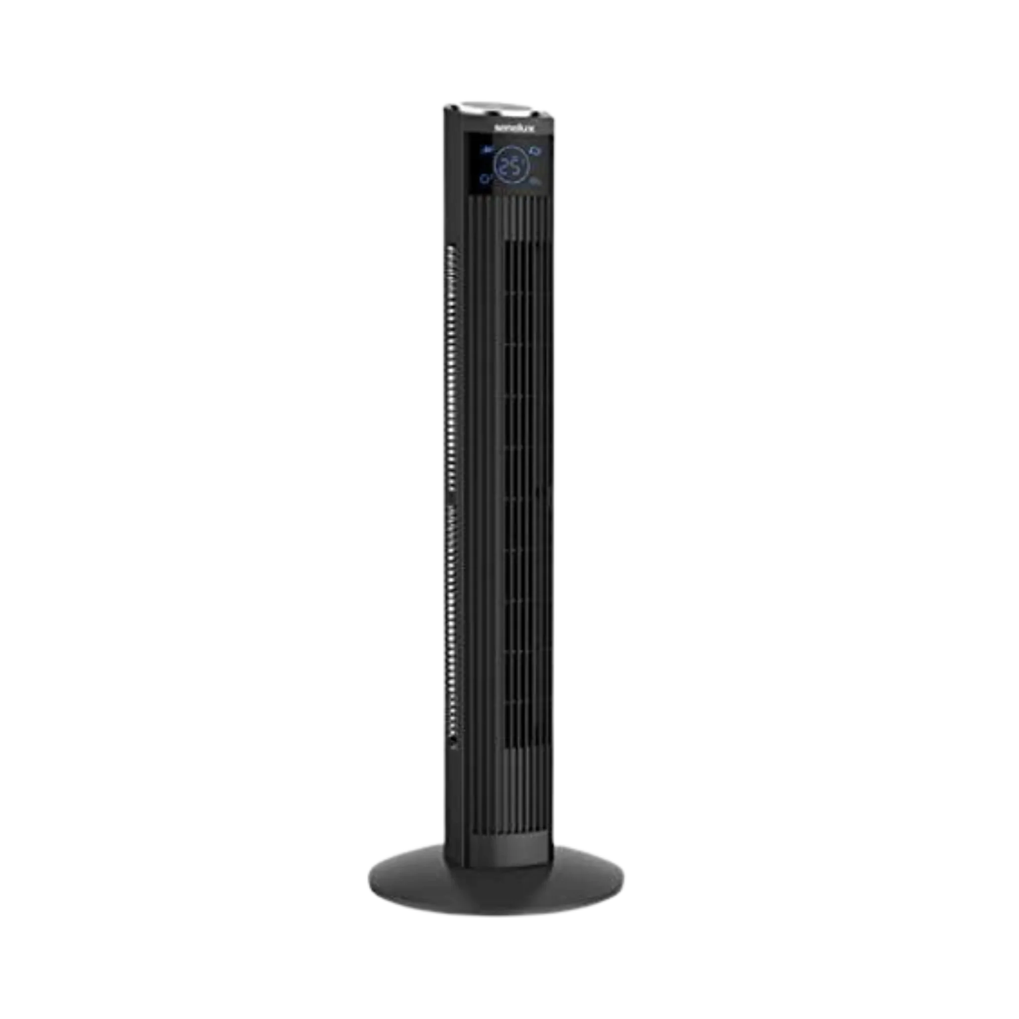 A picture of an all black 36 inch Senelux tower fan with an LED wind speed display located near the top.