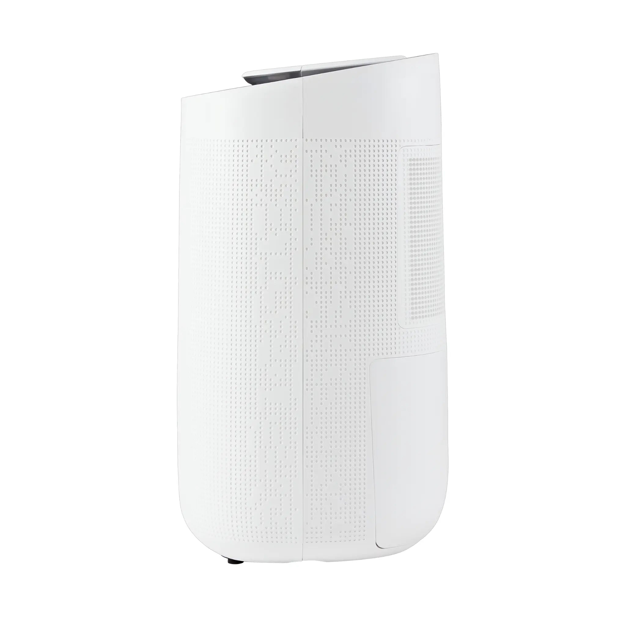 Sleek, all white Senelux 12l per day dehumidifier side-on with a futuristic, rounded design.