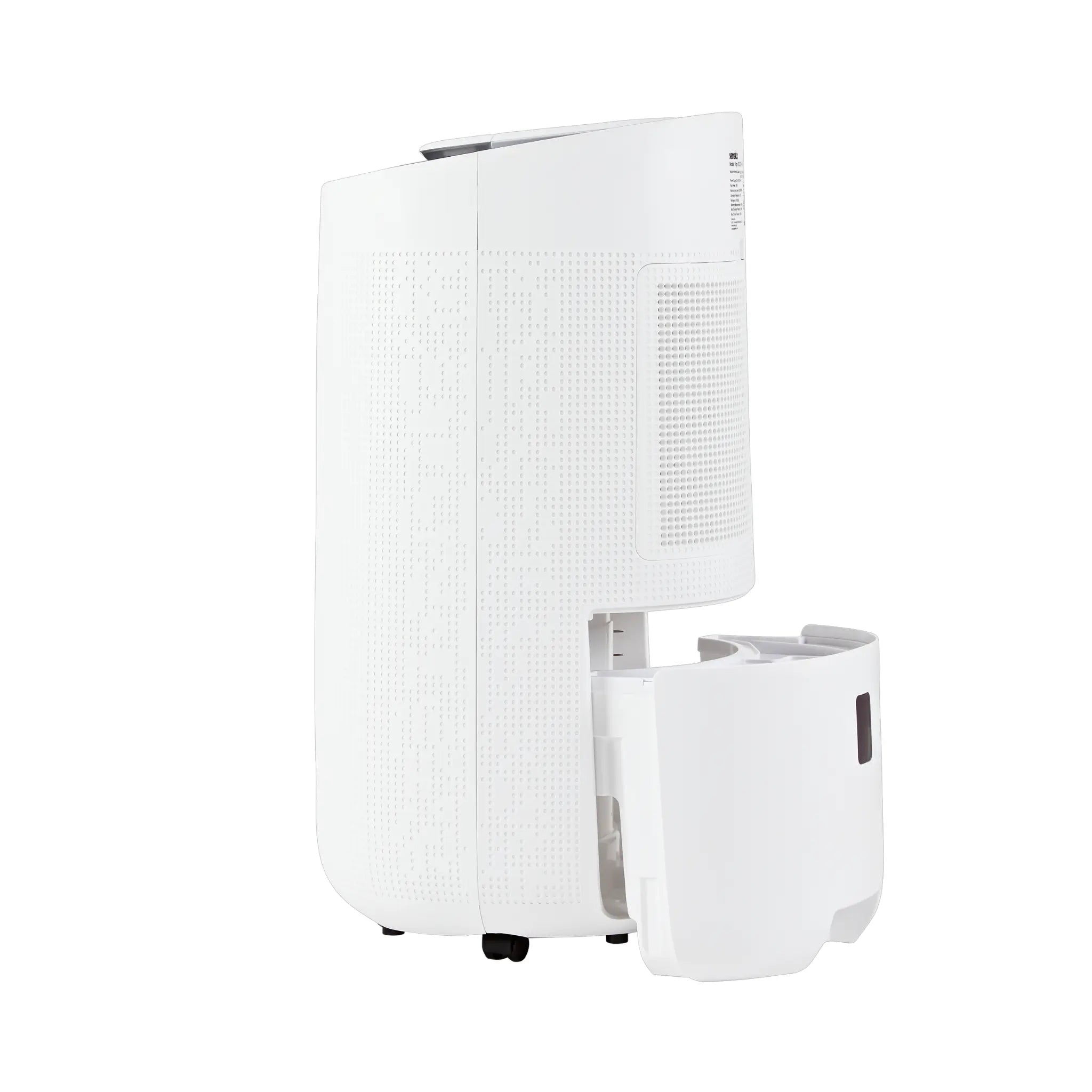 Large, 12l per day dehumidifier with the included easy-draw water tank being extracted from the back of the dehumidifier.