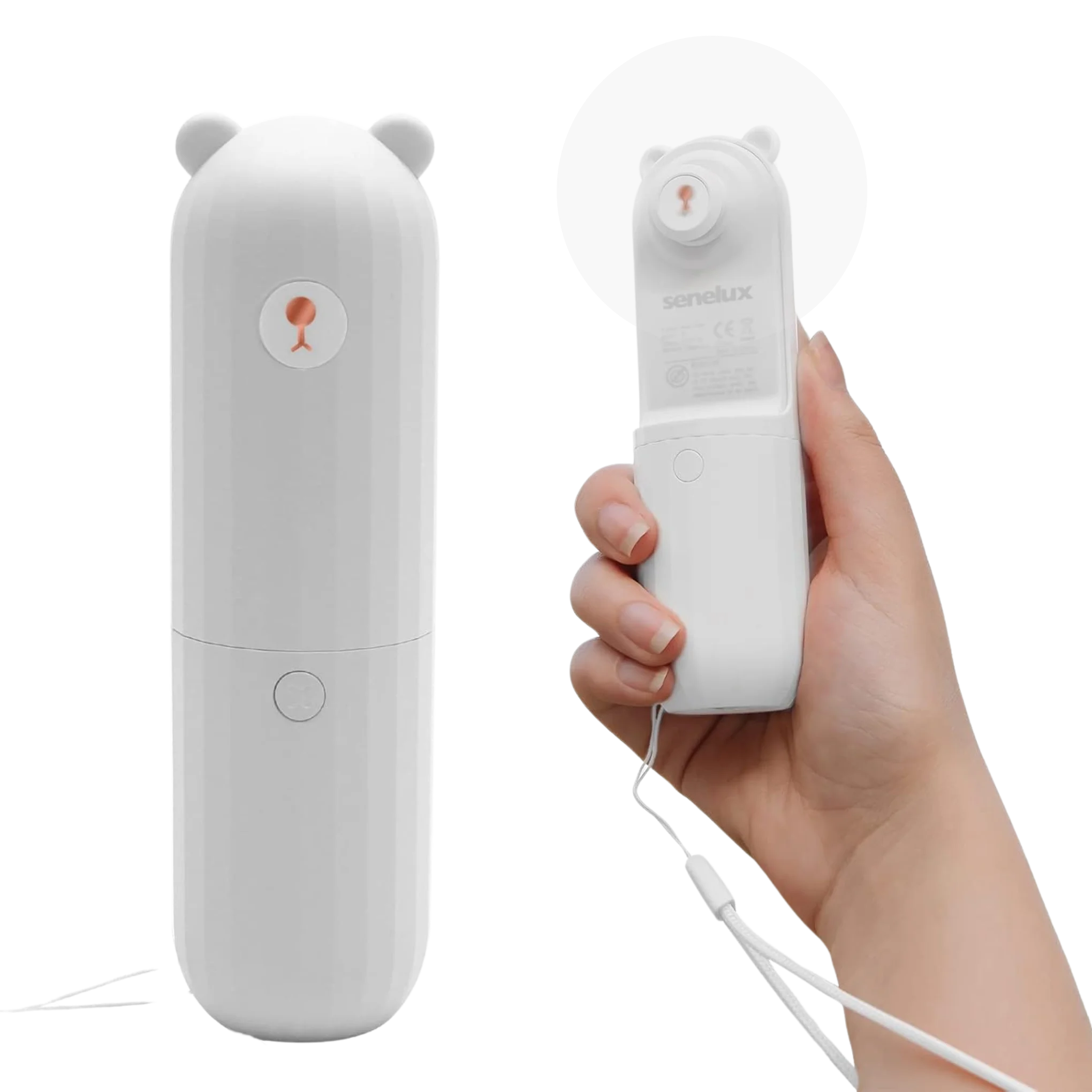 A white pocket fan is shown on the left hand side whilst a hand holding one is on the right