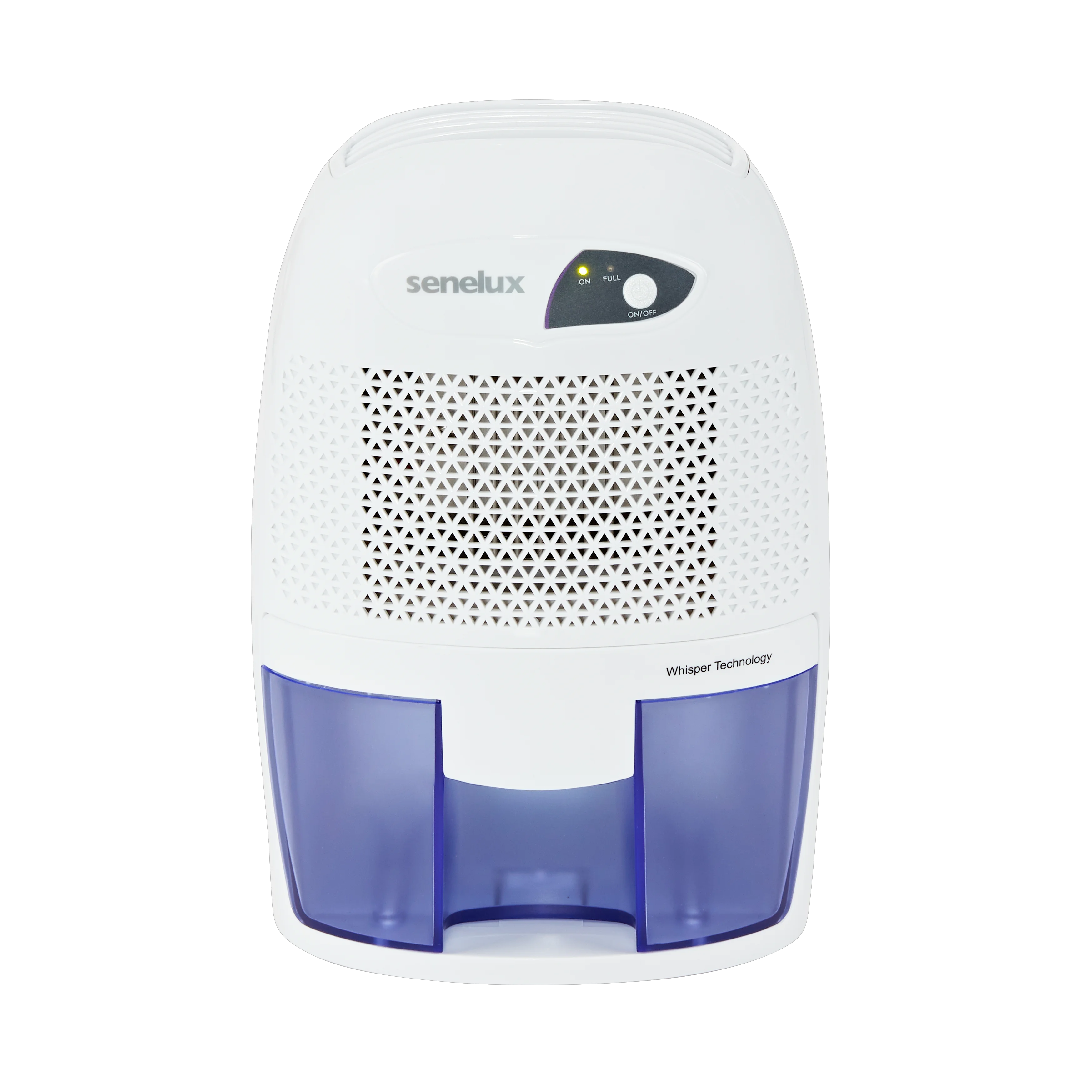 An image of the Senelux mini dehumidifier with an all white design, purple water tank and orange "on" light.