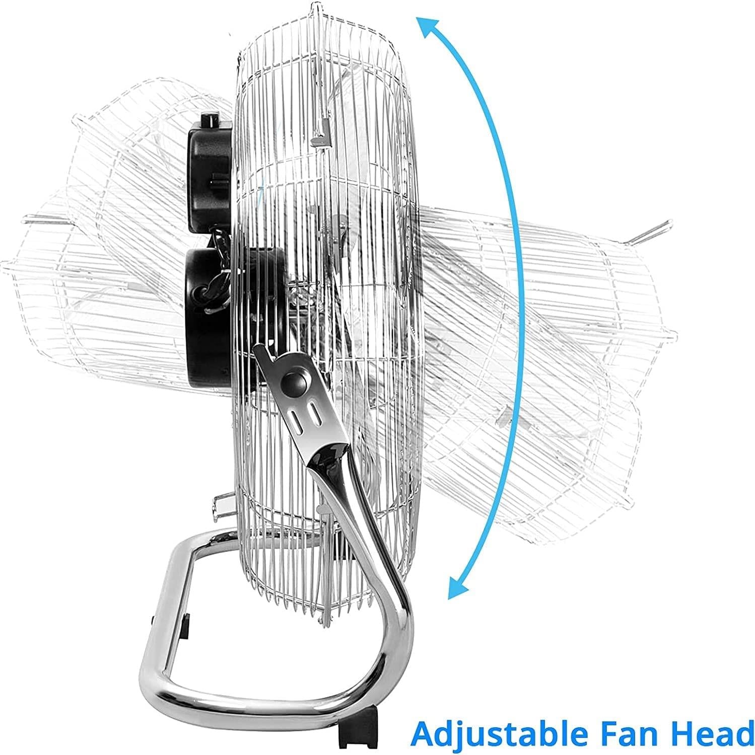 A picture showing the use of the classic chrome floor fan's adjustable head and the air flow angles that can be achieved