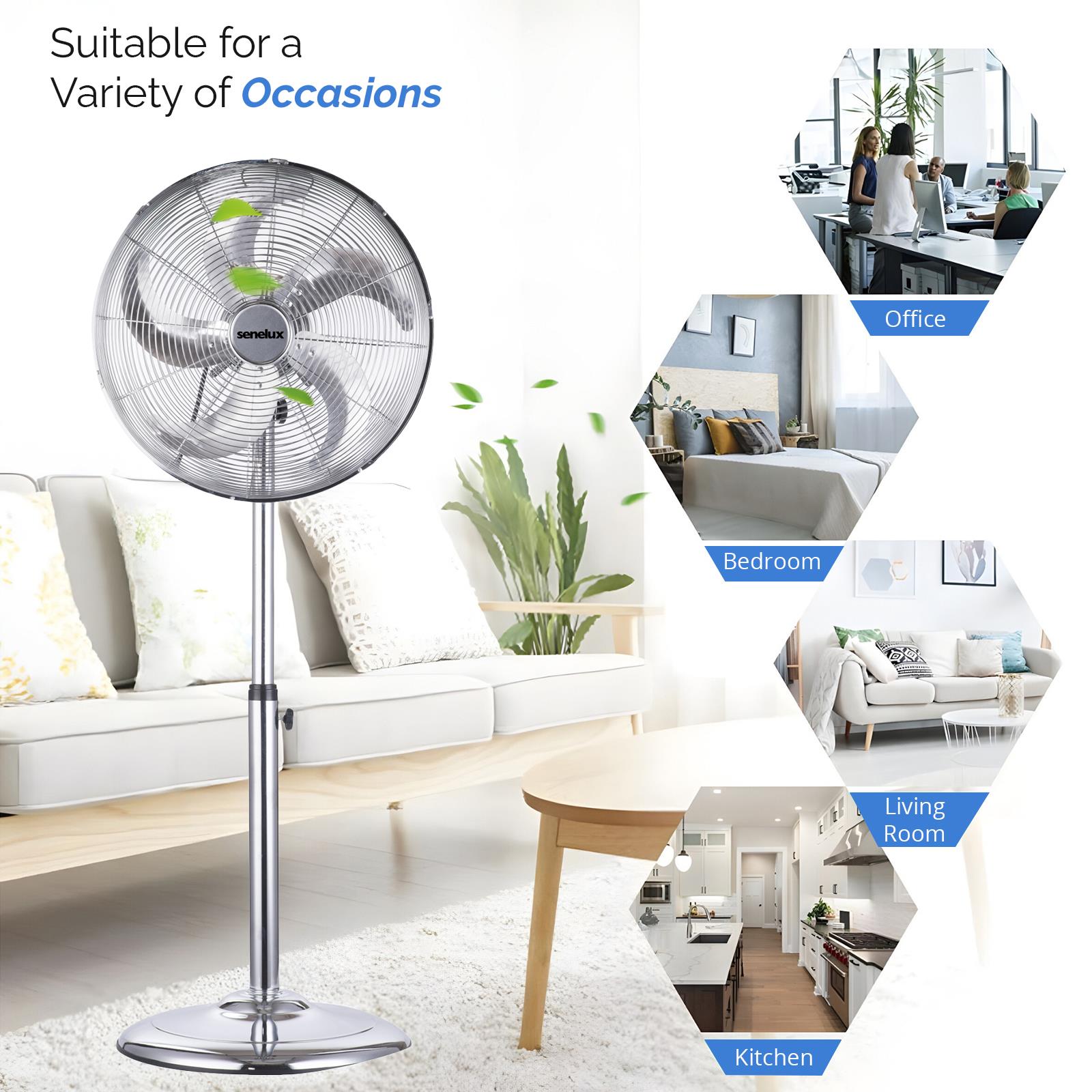 Senelux 16 Inch Metal Pedestal Floor Fan, Chrome Standing Fan with 5 Blades, Oscillating Function, 3 Speed Settings, Adjustable Height